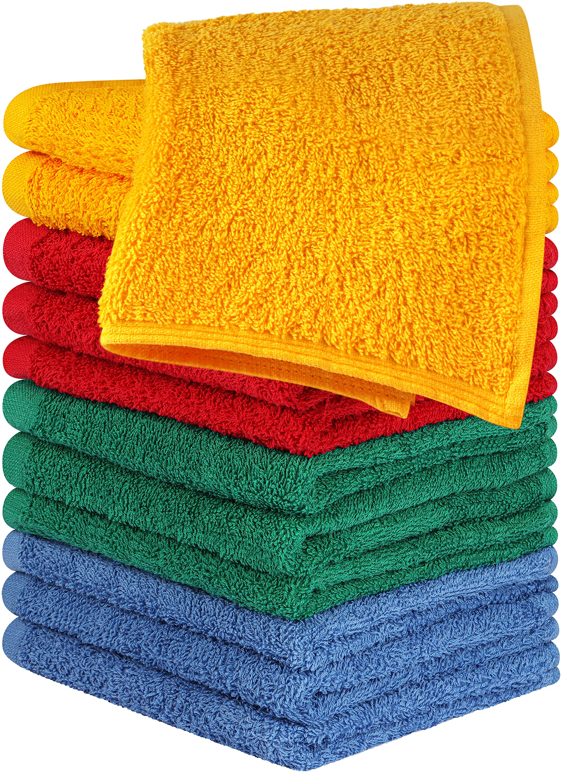 Utopia Towels Cotton Washcloths Set - 100% Ring Spun Cotton, Flannel Face Cloths, Highly Absorbent and Soft Feel Fingertip (12 Pack, Electric Blue, Hunter Green, Red, Mustard) (UT1050)