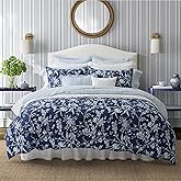 Laura Ashley- Queen Comforter Set, Cotton Reversible Bedding Set, Includes Matching Shams with Bonus Euro Shams & Throw Pillow Covers (Branch Toile Blue, Queen)