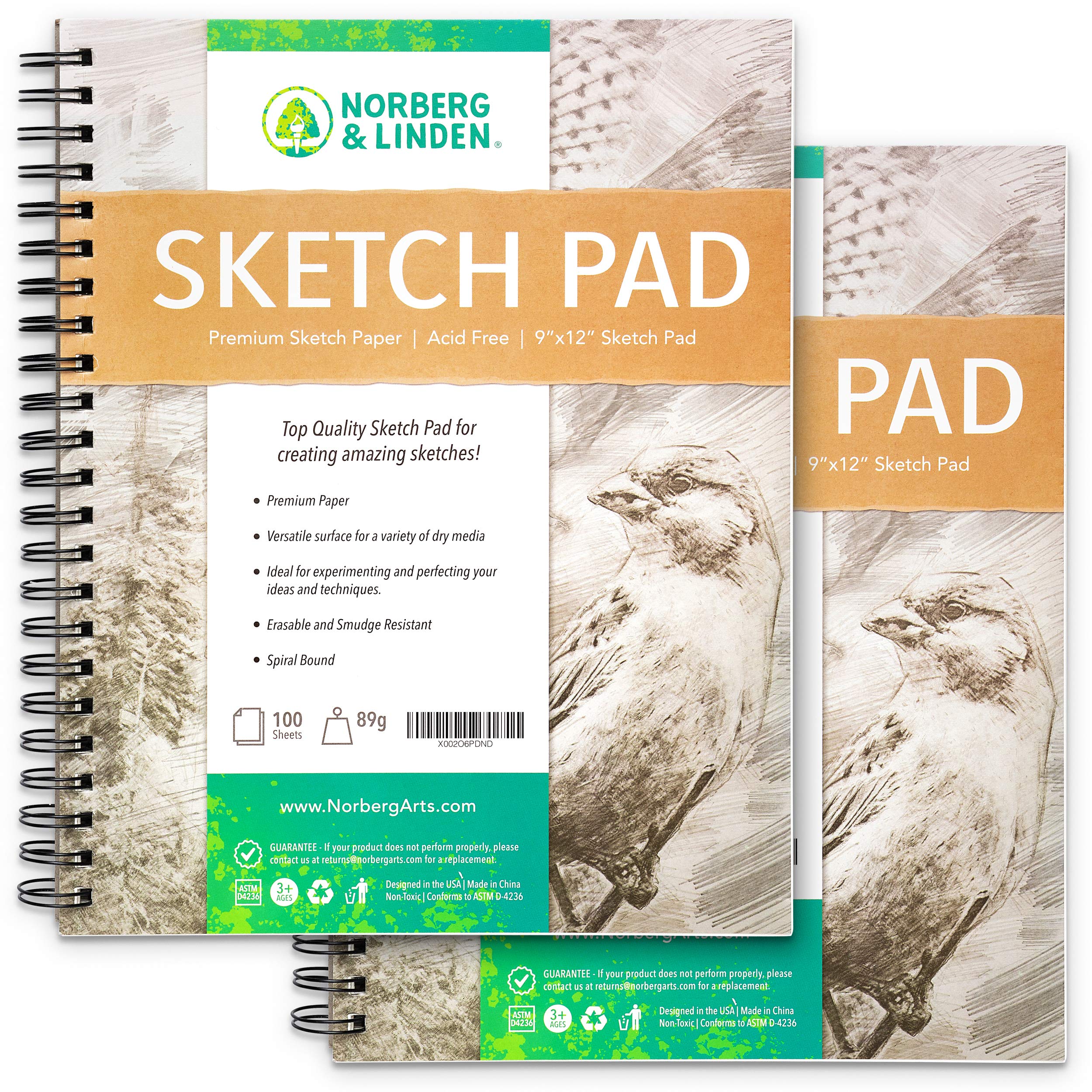 Norberg & Linden Sketch Pad 2 Pack - 9x12 Premium Heavyweight Paper for Artwork - Ideal Texture for Dry Media - Erasable & Anti-Smudge, Spiral Bound Detachable Pages - Cold-Pressed, 89g, 100 Sheets