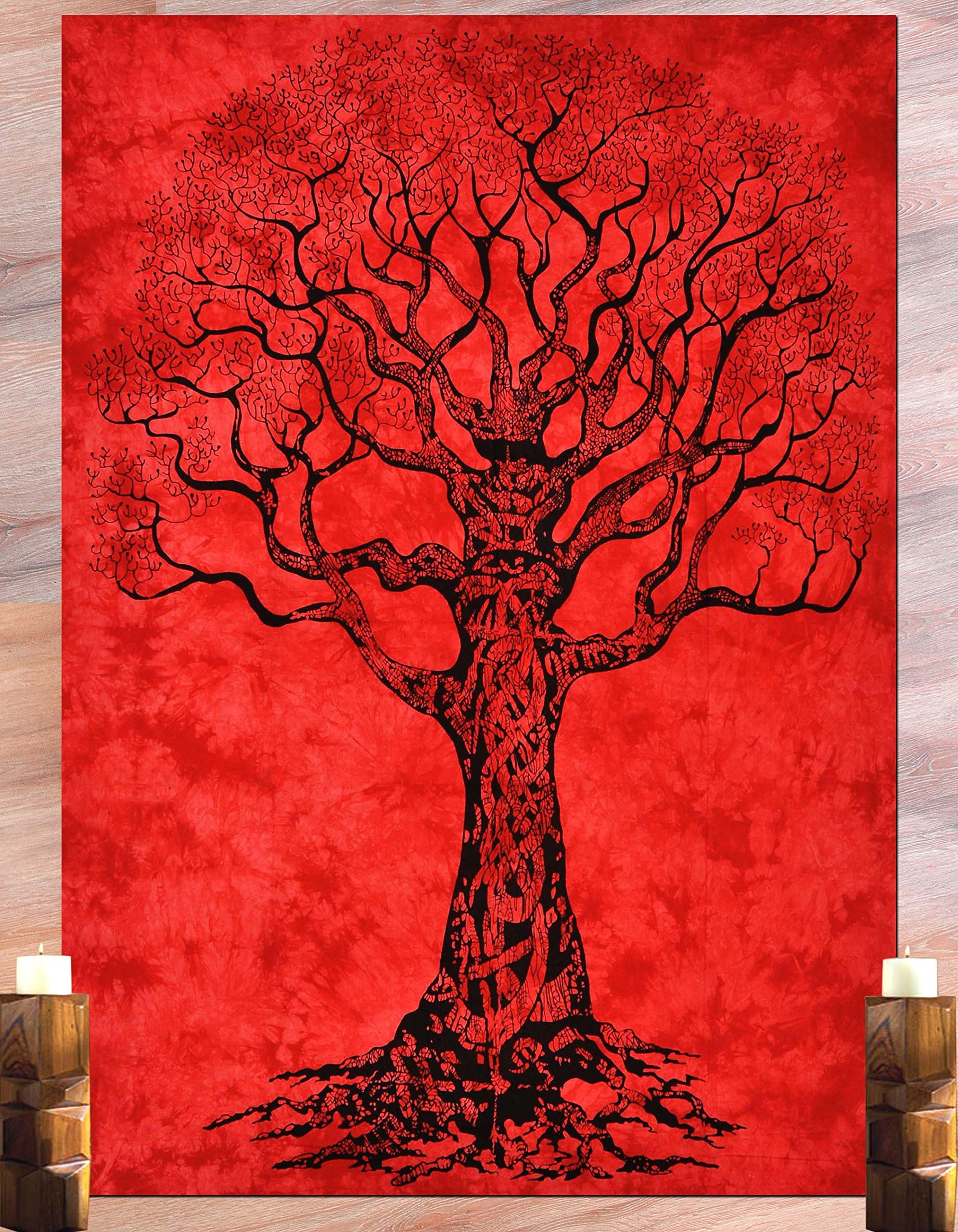 Lali Prints Dry Tree, Wall Hanging, Tree of Life Tapestry, Tie Dye Hippie Hippy Indian Mandala Tapestry, psychedelic Tapestries Ethnic Decorative (Red/Multicolor)
