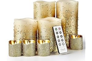 FURORA LIGHTING Gold Glitter Real Wax Candles with Remote and Timer, 4 Pillars and 4 Votives Pack of 8, LED Flameless Flickering Candles for Home Décor, Battery Included