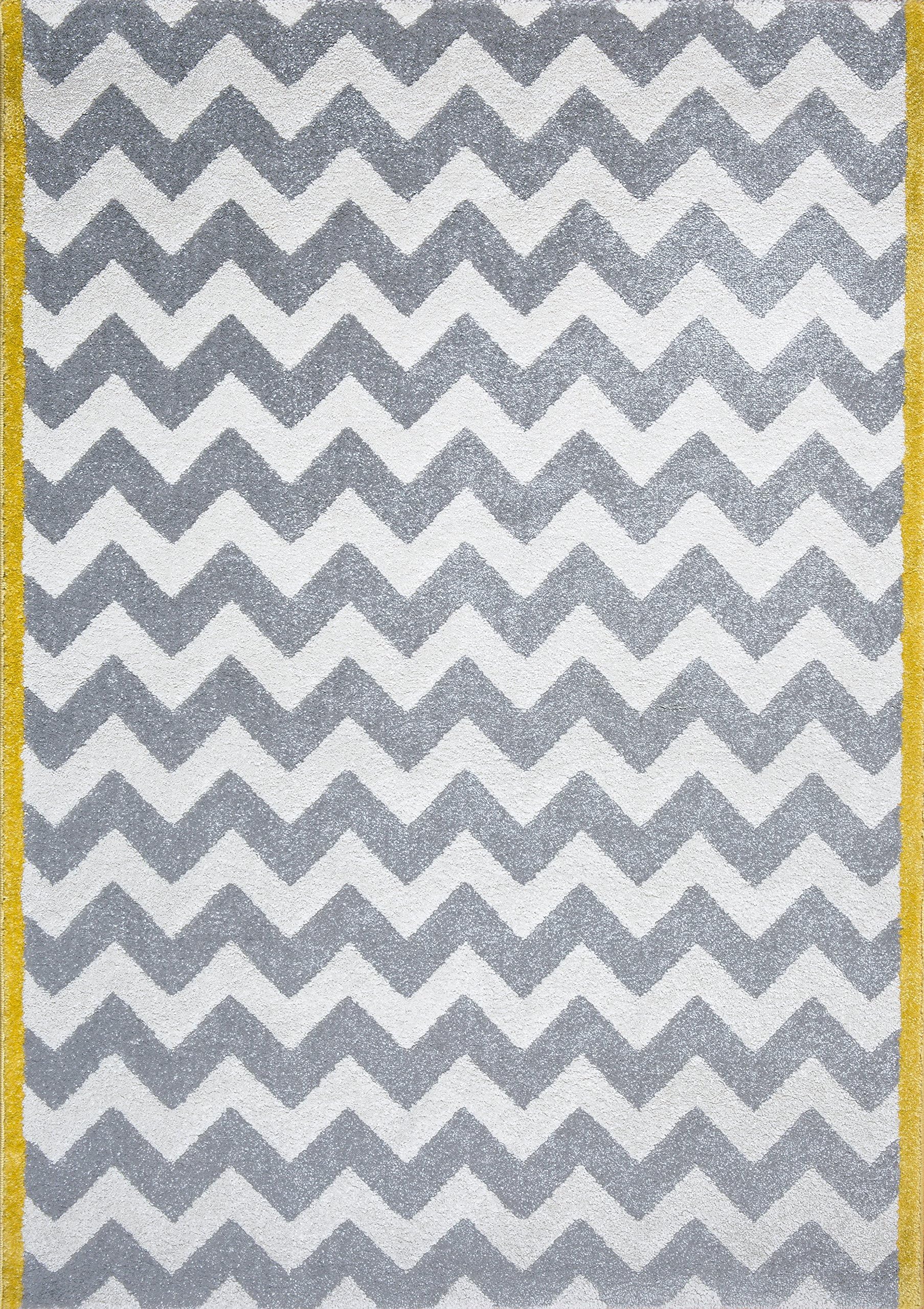 Art For Kids Graphic Zick Zack Modern Rug 120x170 cm-Quality Label Oeko-Tex Standard 100-100% Polypropylene-Chevron-Machine Woven-Living Room, White/Grey/Yellow, 120 x 170 cm