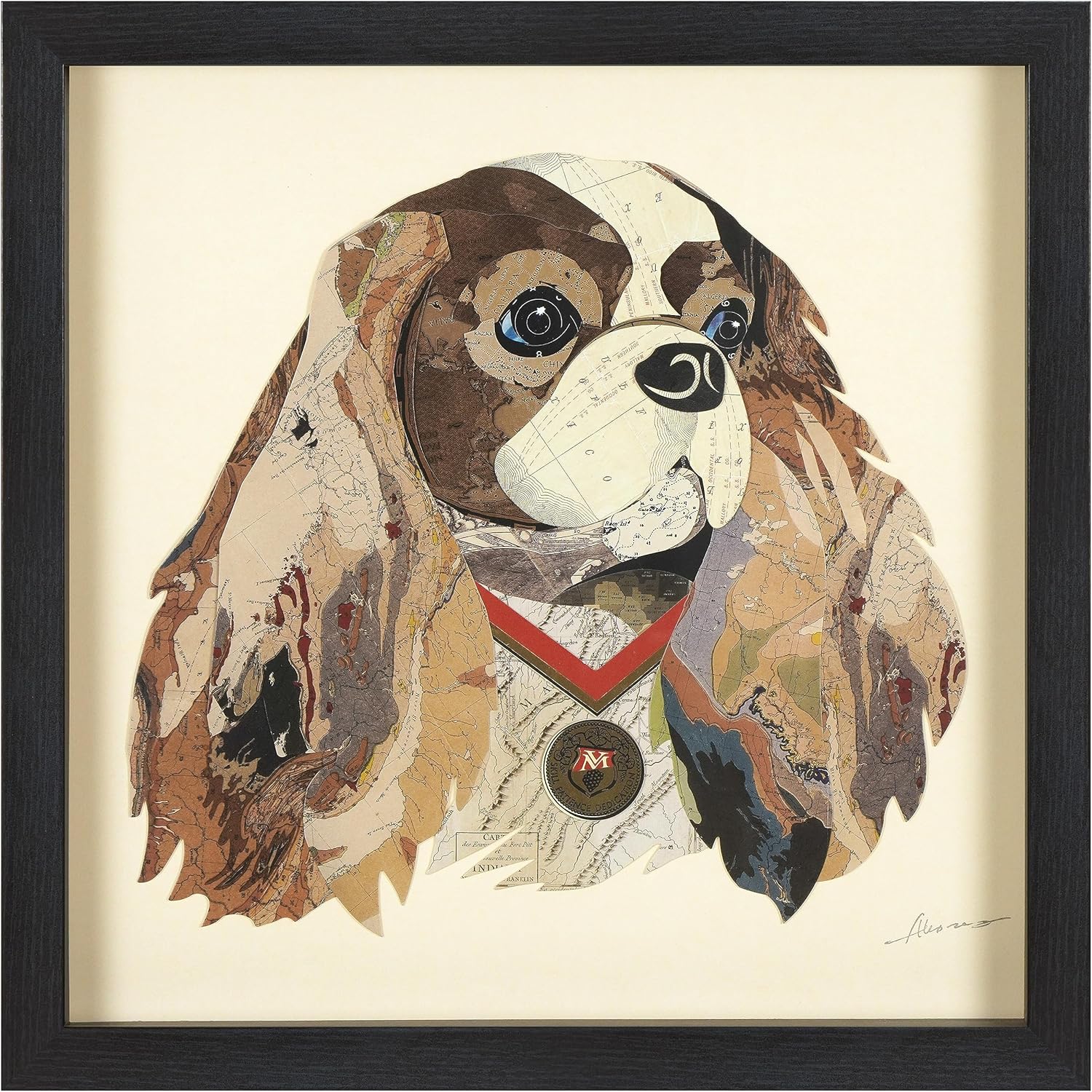 Paintings - Empire Art Direct King Charles Spaniel Dimensional Collage Handmade by Alex Zeng Framed Graphic Dog Wall Art, 17