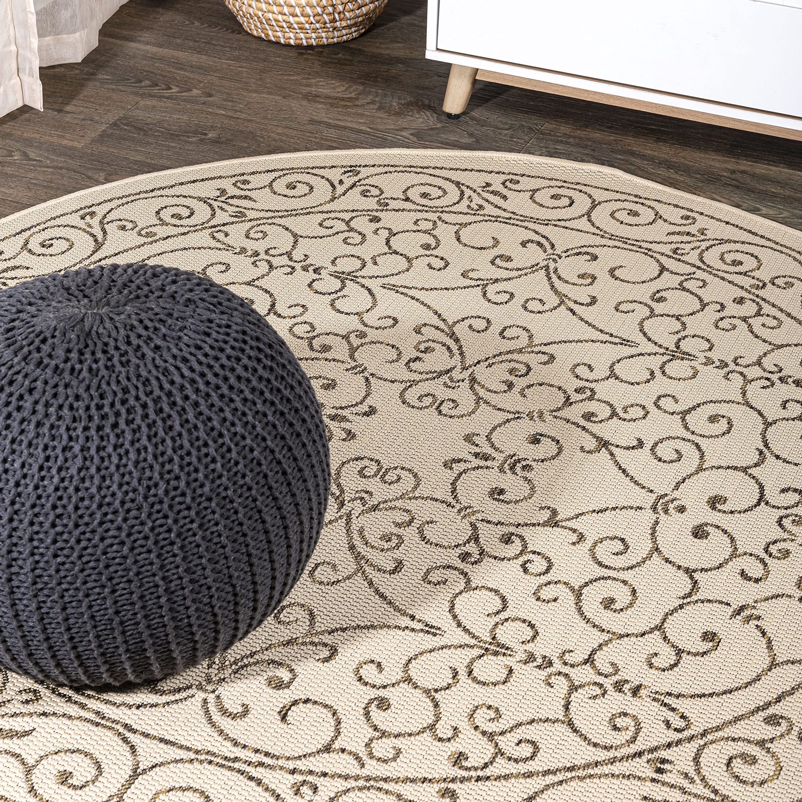 JONATHAN Y Vintage Filigree Indoor Outdoor Round Area Rug 9 Ft Beige/Brown, Charleston Textured Weave for Backyard, Patio, Porch, Easy-Cleaning, High Traffic, Pet-Friendly, Non-Shedding (SMB106A-9R) Image
