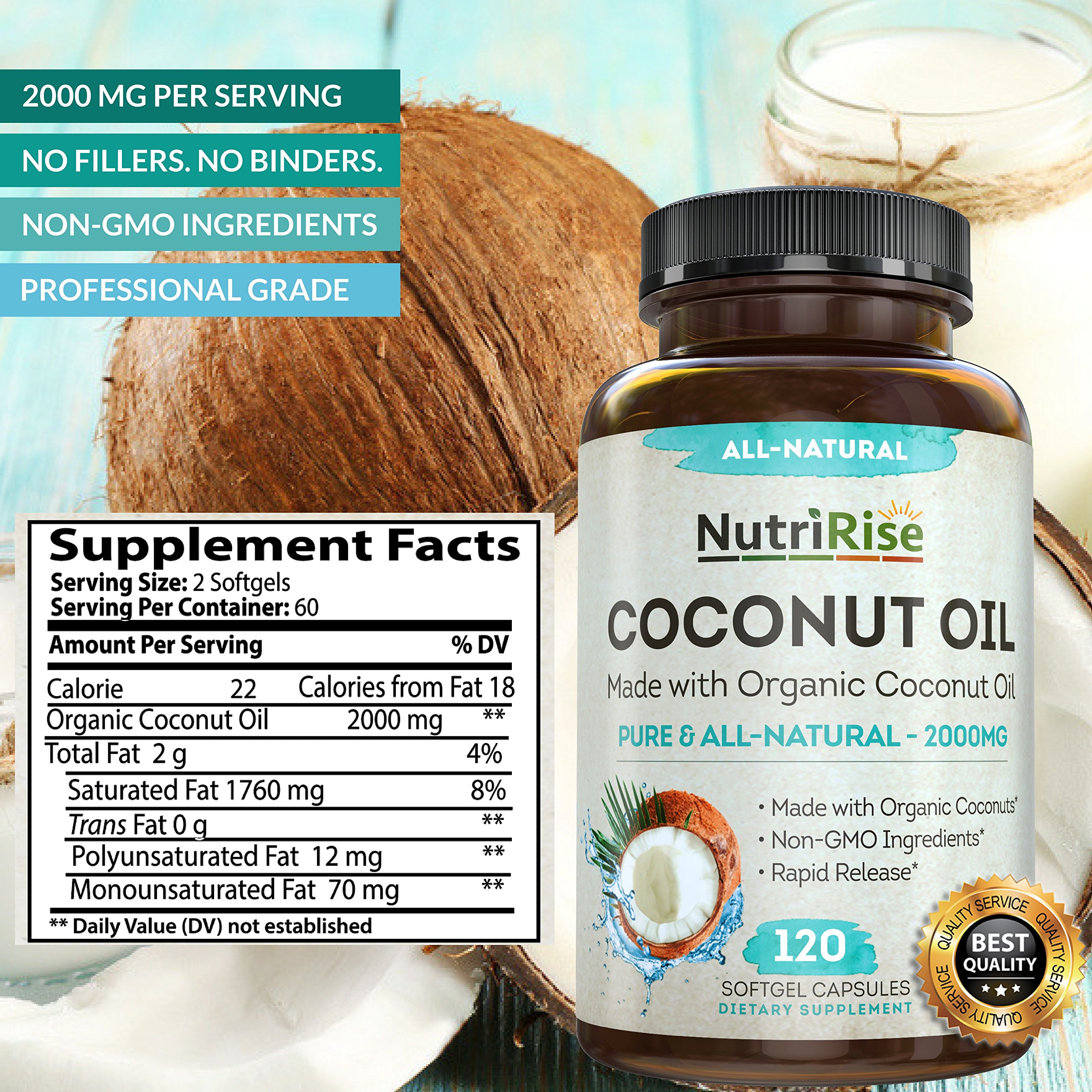 Coconut Oil Capsules 2000 MG. 100 Pure Extra Virgin Coconut Oil