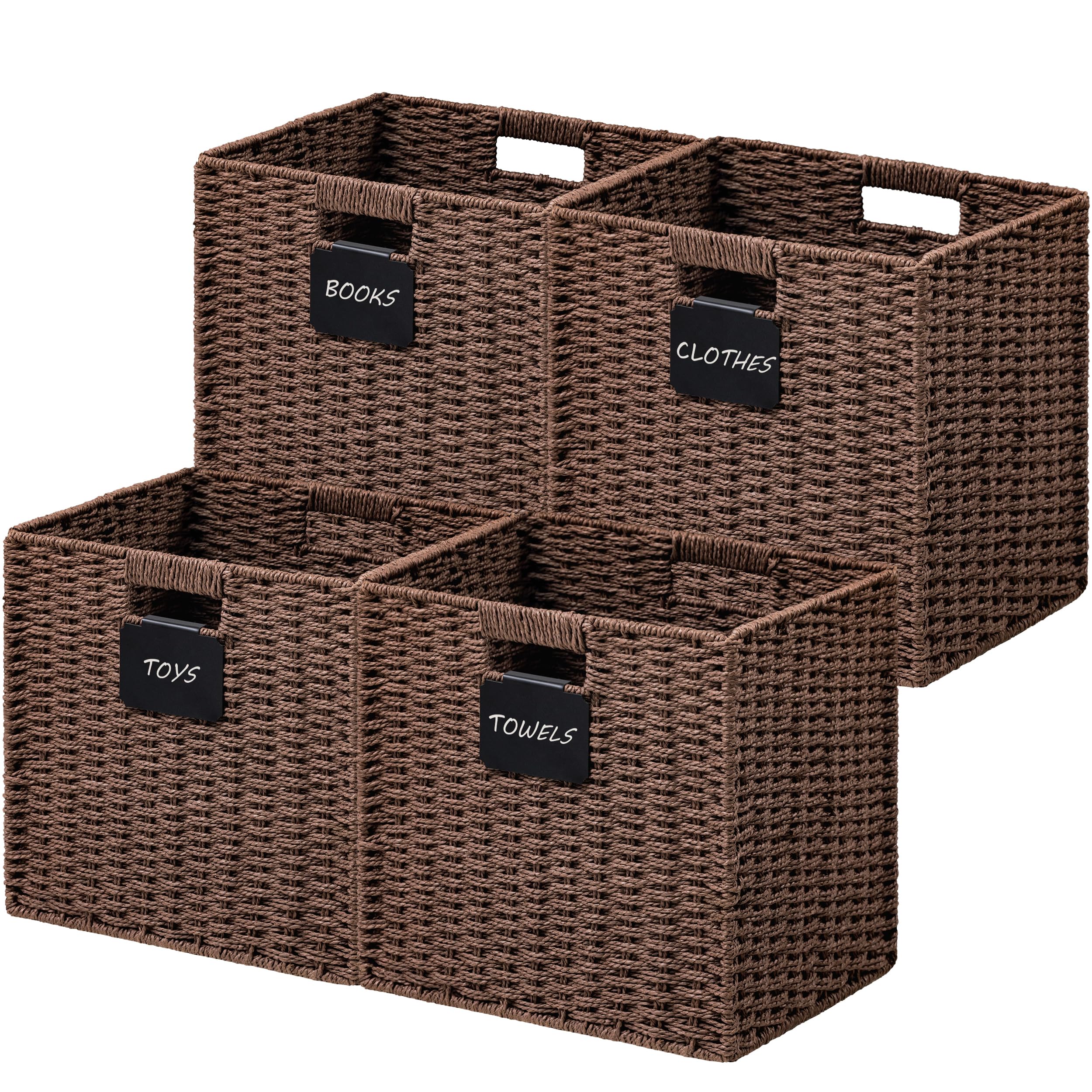 Photo 1 of UBBCARE 4 Pack Wicker Basket, 13×13 Storage Cubes with Label, Foldable Cube Storage Bin with Handle, Square Storage Basket for Shelves, Woven Paper Rope Basket for Organizing, Brown