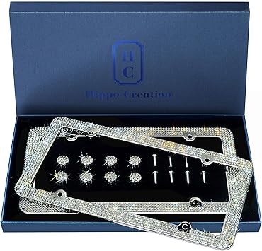 1 Pack Luxury Handcrafted Bling White Rhinestone Premium Stainless Steel License Plate Frame with Gift Box pcs Finest 14 Facets SS20 Clear White Rhinestone Crystal Anti-Theft Screw Cap 1000