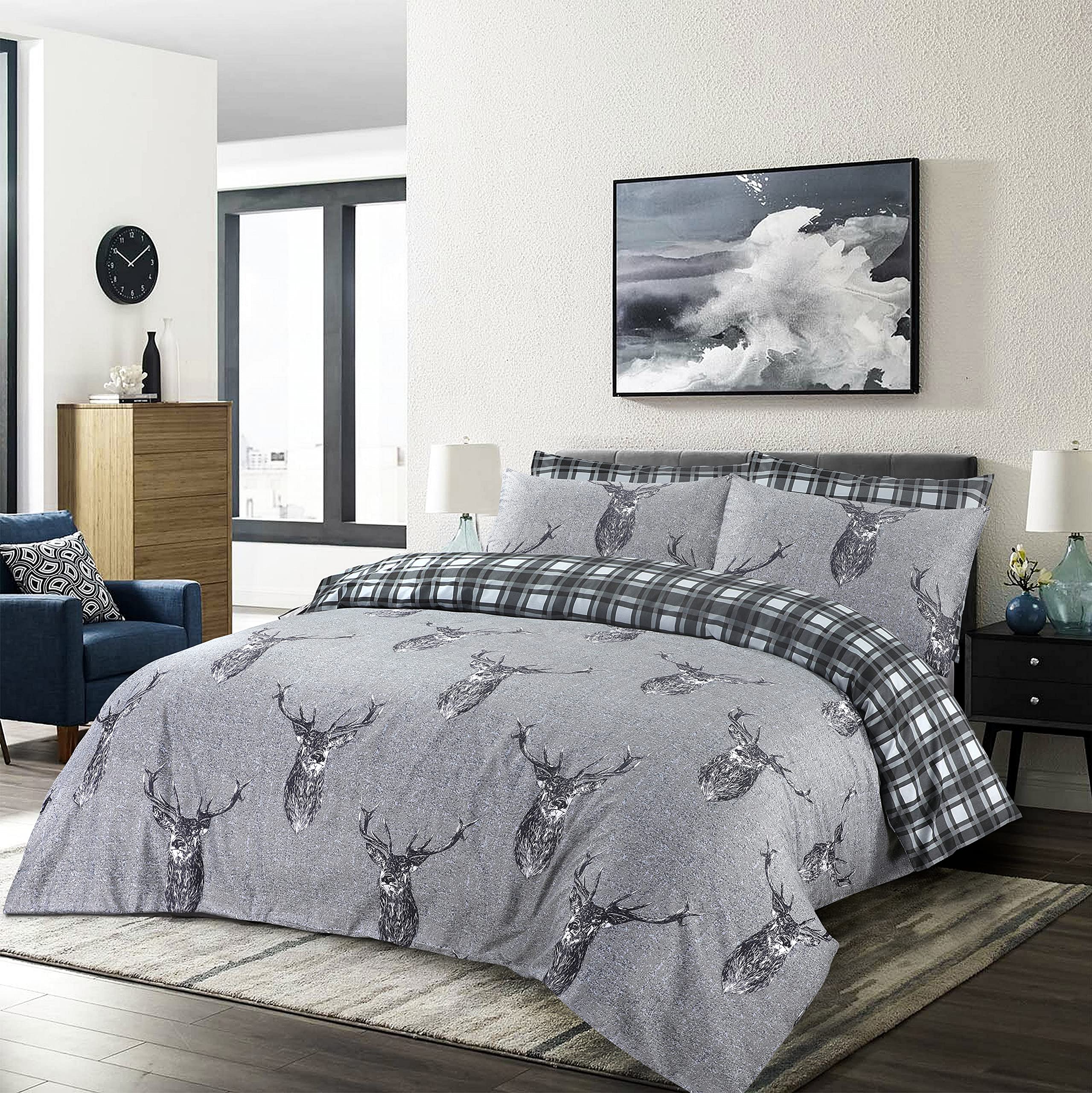 MK Home Textile Animal Print Duvet Cover Set 100% Cotton Rich - Stag Head Printed Reversible Quilt Bedding Covers Silver Grey Double Bed Sets with Pillow Cases