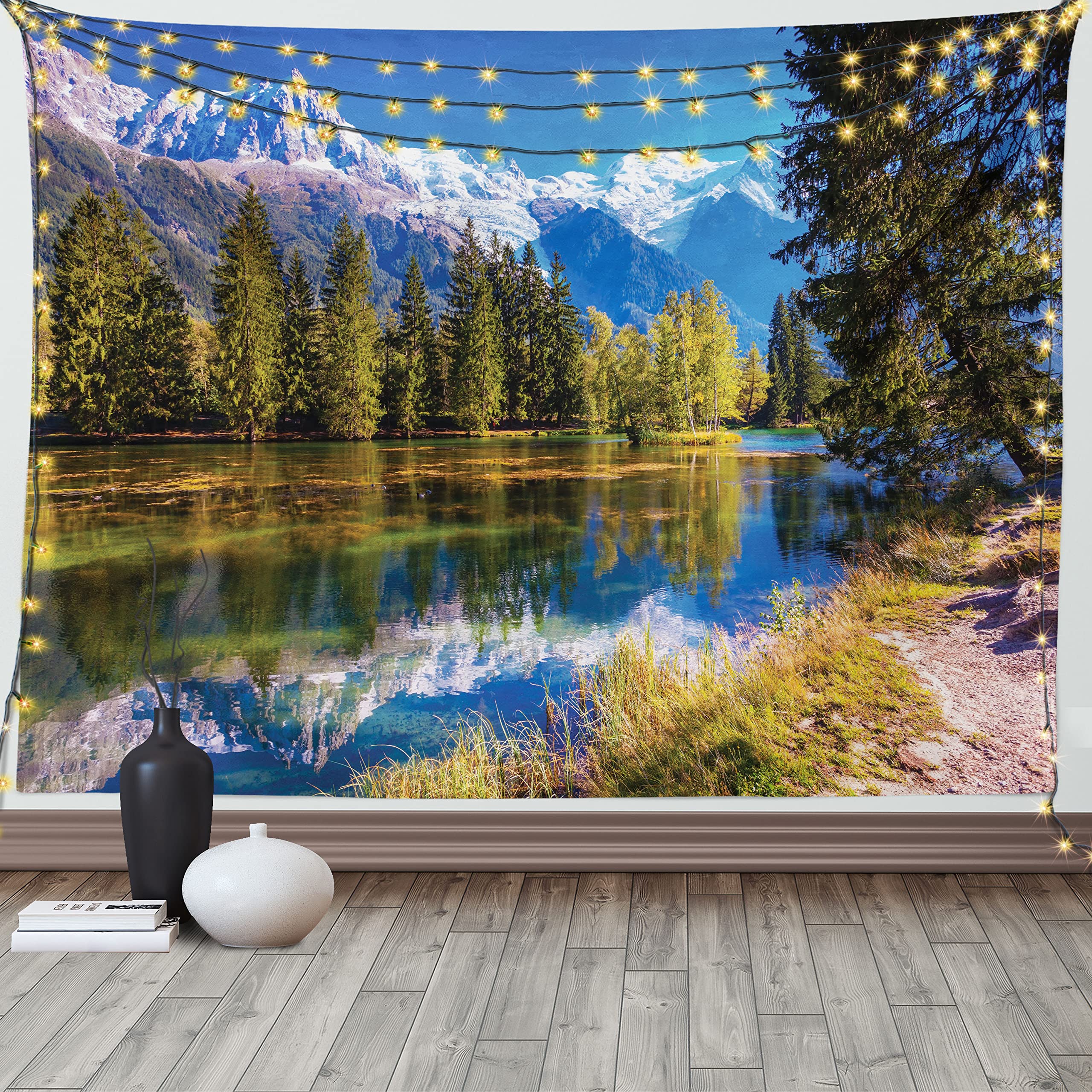 ABAKUHAUS Mountain Tapestry, Snow Covered Alps Peaks Covered with Fir Trees in Lake Natural Paradise, Fabric Wall Hanging Decor for Bedroom Living Room Dorm, 90 W X 54 L, Green White Blue