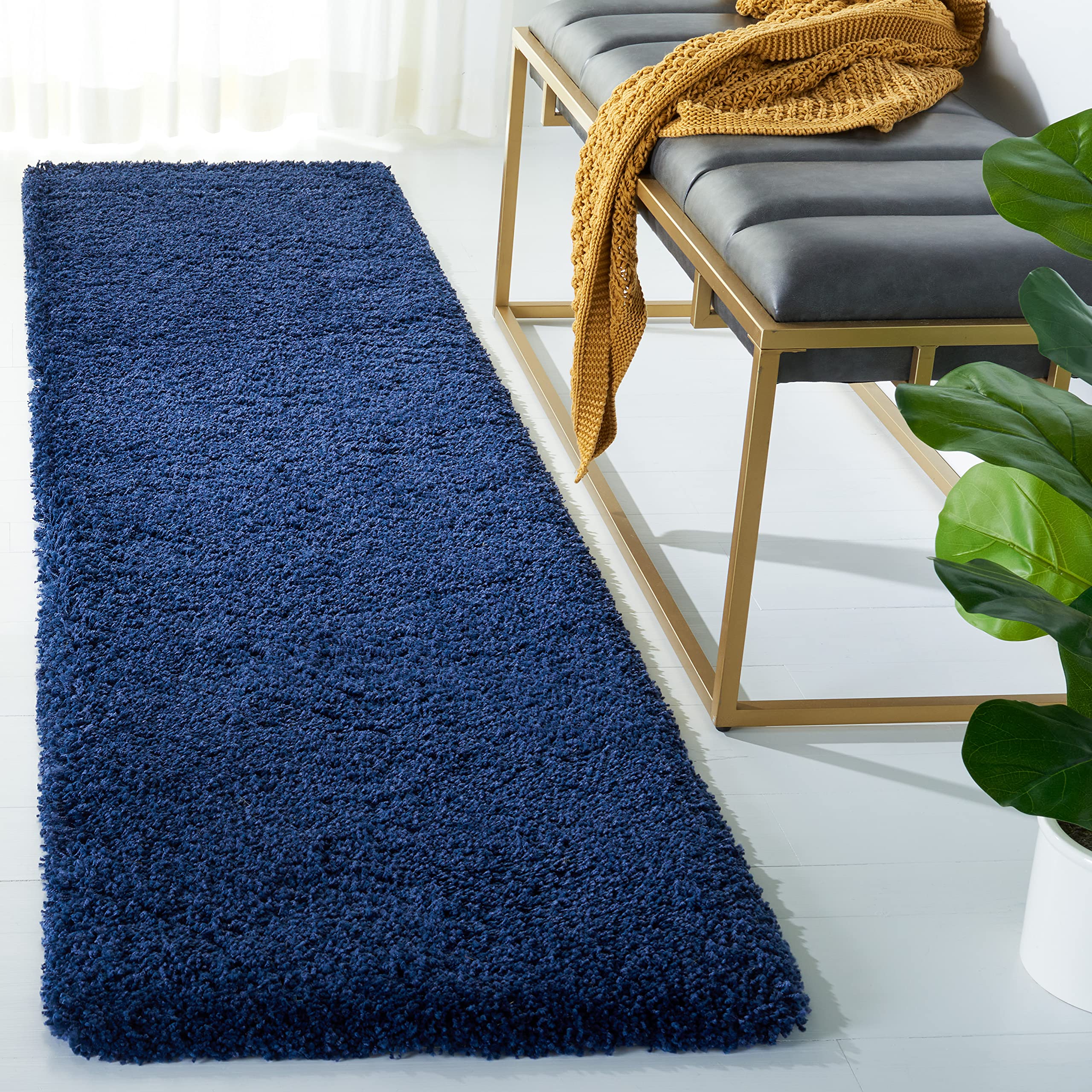 SAFAVIEH Milan Shag Collection Runner Rug - 2' x 20', Navy, Solid Design, Non-Shedding & Easy to Clean, Plush Thick Pile, Ideal for Hallway, Foyer, Bedroom (SG180-7070) Image