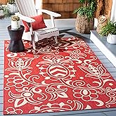 SAFAVIEH Washable Rug Outdoor Beach House Collection - 5'3" x 7'6", Red & Beige, Non-Shedding & Easy to Clean, Ideal for Pati