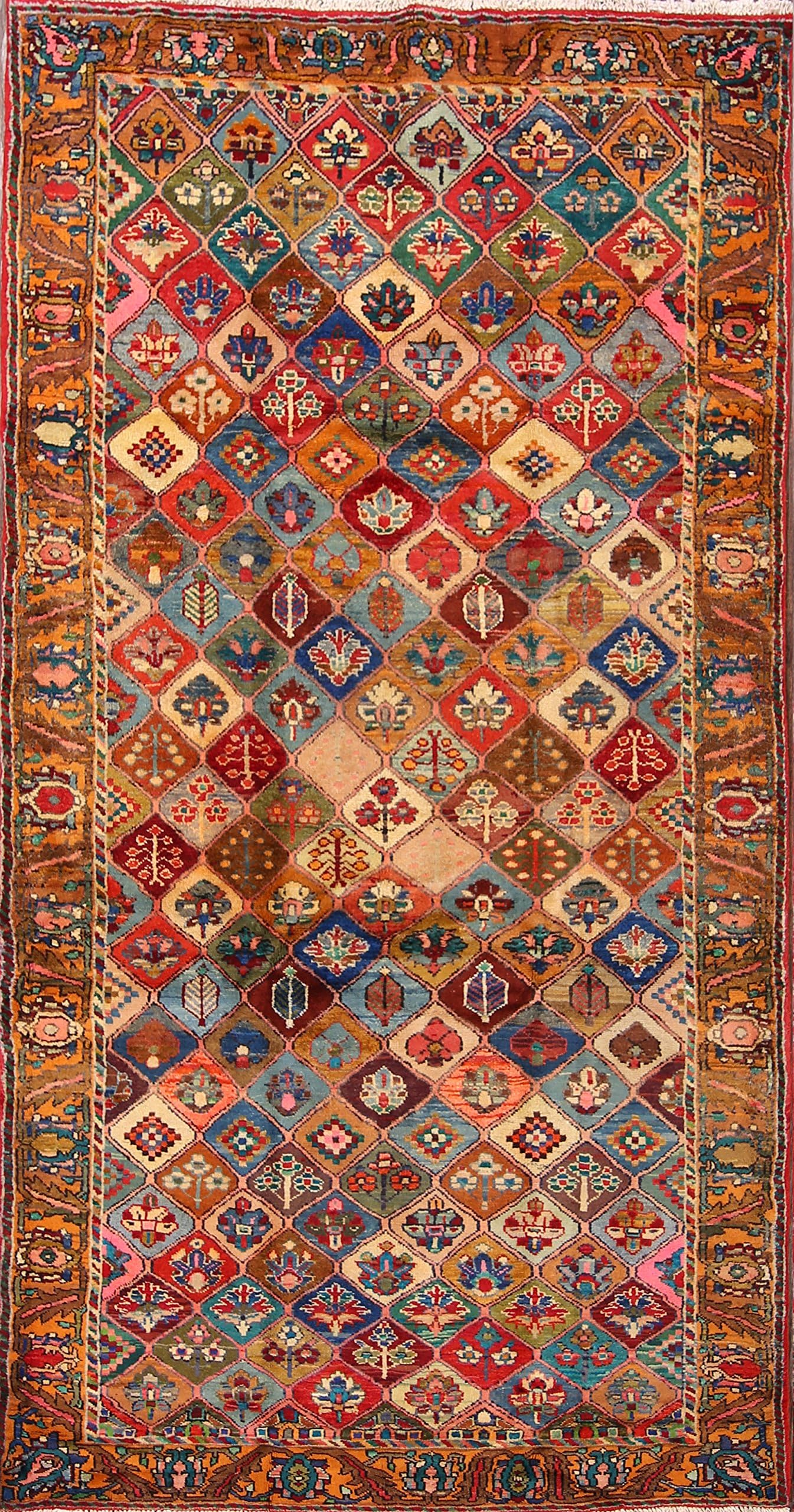 One-of-A-Kind Bakhtiari Geometric Hand-Knotted 5x10 Wool Antique Persian Area Rug (9' 10" X 5' 2")