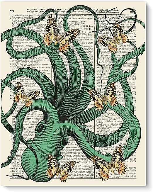 Amazon Com Vintbo Green Octopus With Yellow Butterflies Nautical