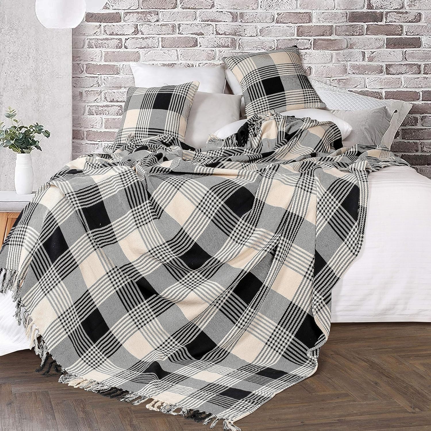 EHC Premium Reversible 100% Cotton Large 150 x 200 cm Tartan Throws for Sofa Armchair Bedspread, Black, Black / Natural - Image 5