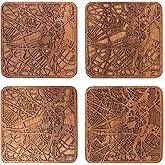 Boston Map Coaster by O3 Design Studio, Set Of 4, Sapele Wooden Coaster With City Map, Handmade