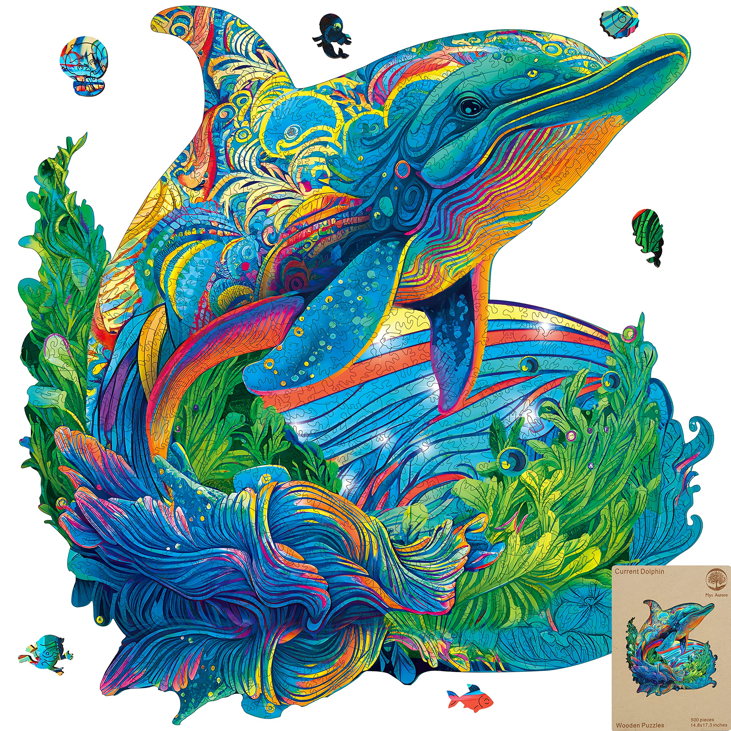 Photo 1 of MYS Aurora Wooden Puzzles, Dolphin Jigsaw Puzzles 500 Pieces, Unique Shaped Wooden Puzzles for Adults and Kids, Family Game 17.4 x 16.8 Inch