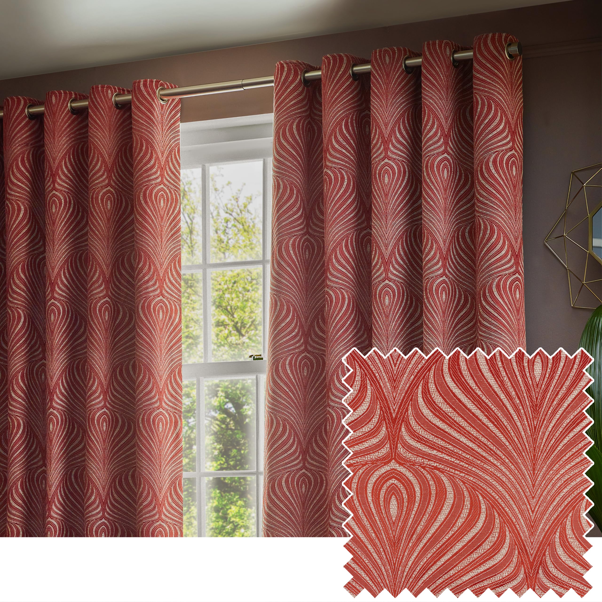 Paoletti Gatsby Jacquard Eyelet Curtains - 2 Panels - Width x Drop - 117 x 183cm (46 x 72) - Terracotta
