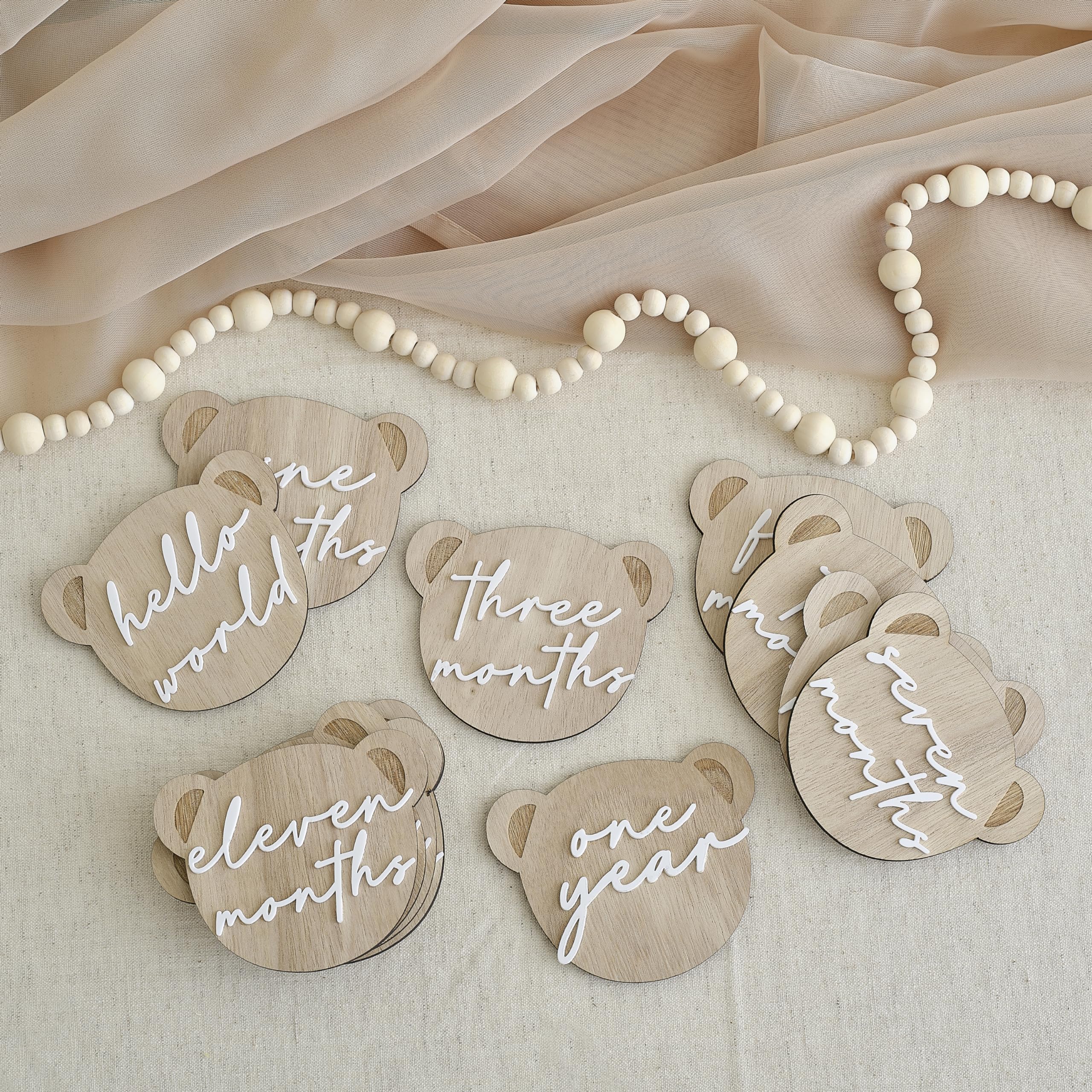 Ginger Ray 13x Wooden Teddy Bear Shaped Baby Milestone Signs and 1x Hello World Sign Baby Shower Gift
