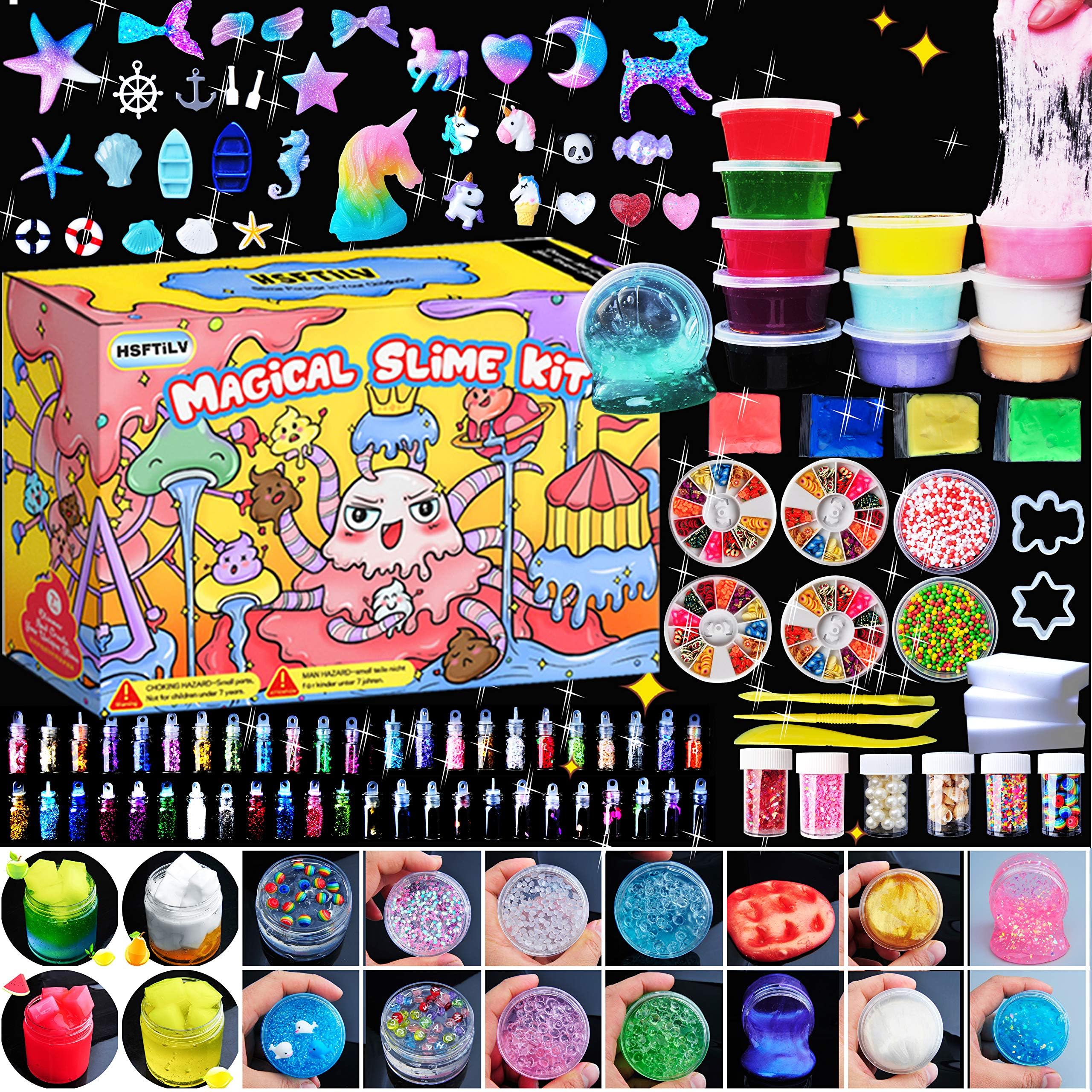 HSFTILV Super Slime Kit Supplies-12 Crystal Clear Slimes 54 Pack Glitter Sheet Jars, 3 Jelly Cubes, 4 Pcs Fruit Slices, 16 Pcs Animals Beads, Foam Balls，5 Slime Containers DIY Art Crafts
