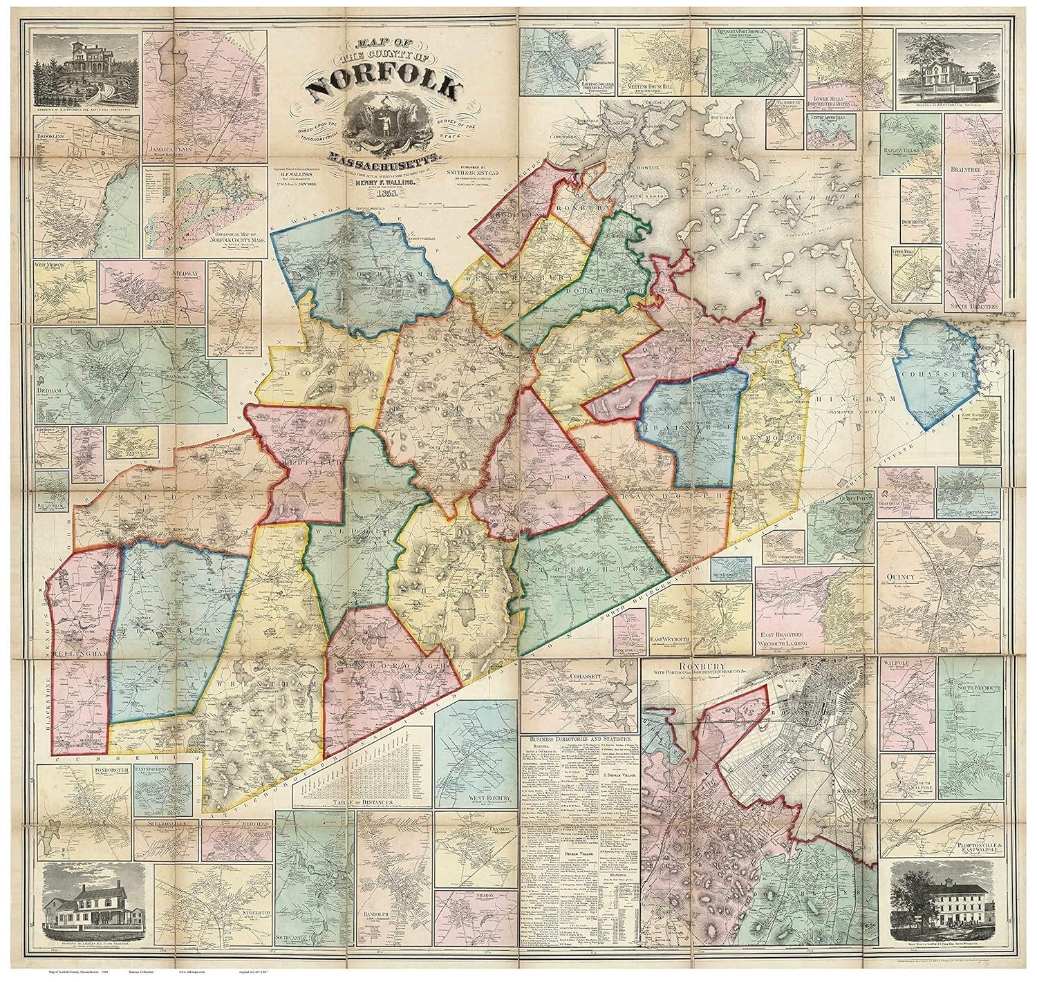 Amazon Com Norfolk County Massachusetts 1858 Wall Map With Homeowner Names Old Map Reprint Handmade