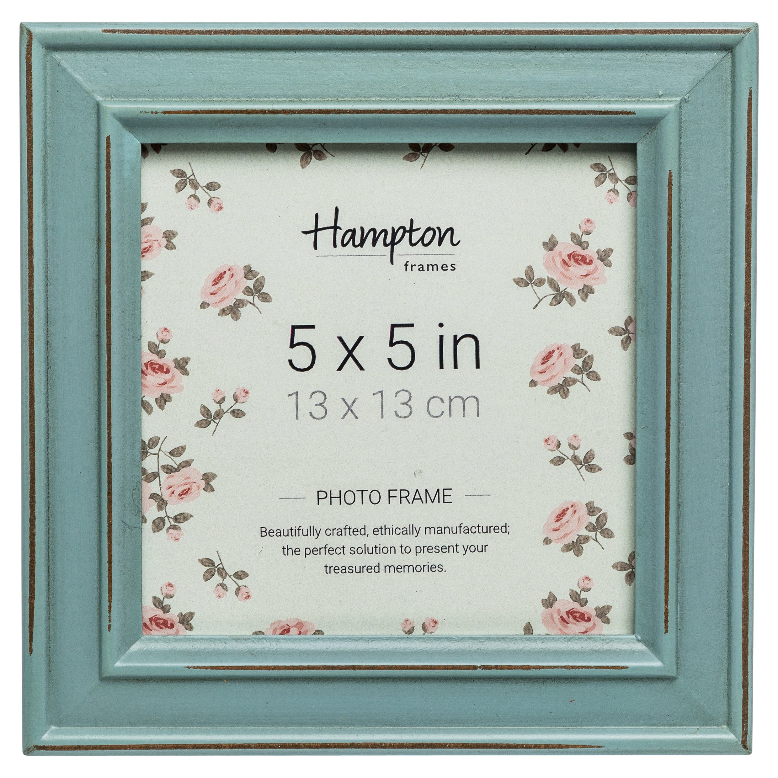 Hampton Frames, PALOMA Square Photo Frame, 5x5 Inch (13x13cm), Light Blue MDF, Glass Front | Freestanding or Wall Mount | Distressed Finish for Home Décor Display