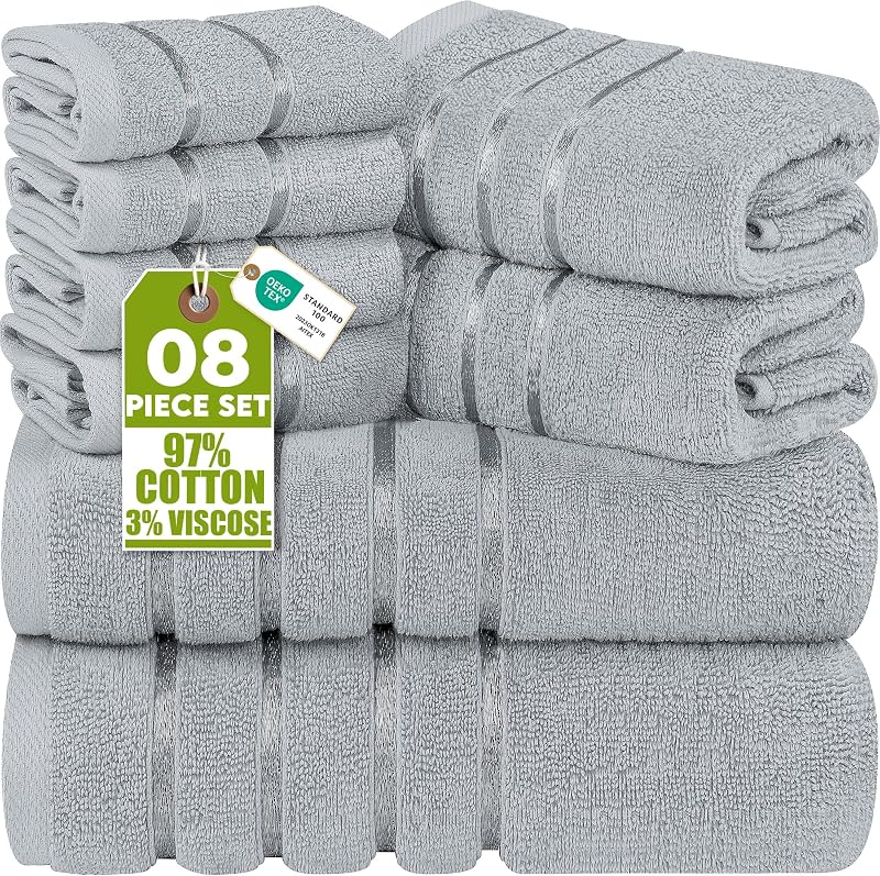 Utopia Towels 8-Piece Luxury Towel Set 500 GSM Viscose Stripe Cool Grey