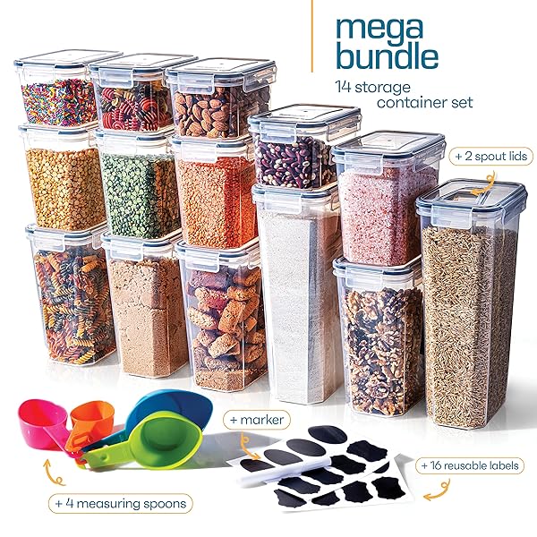 14 PCS AIRTIGHT FOOD STORAGE CONTAINERS WITH LIDS SET, BPA FREE LEAK-PROOF KITCHEN AND PANTRY ORGANIZATION CANISTERS FOR CEREAL, PASTA, DRY FOOD, FLOUR SUGAR, STACKABLE, FREE LABEL, MARKER, SCOOP