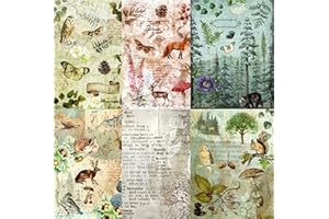 USNYABNI Woodland Theme Mulberry Rice Paper, 8 x 10.5 inch - 6 x Different Printed Mulberry Paper Images 30gsm Visible Fibres for Decoupage Crafts Mixed Media Collage Art