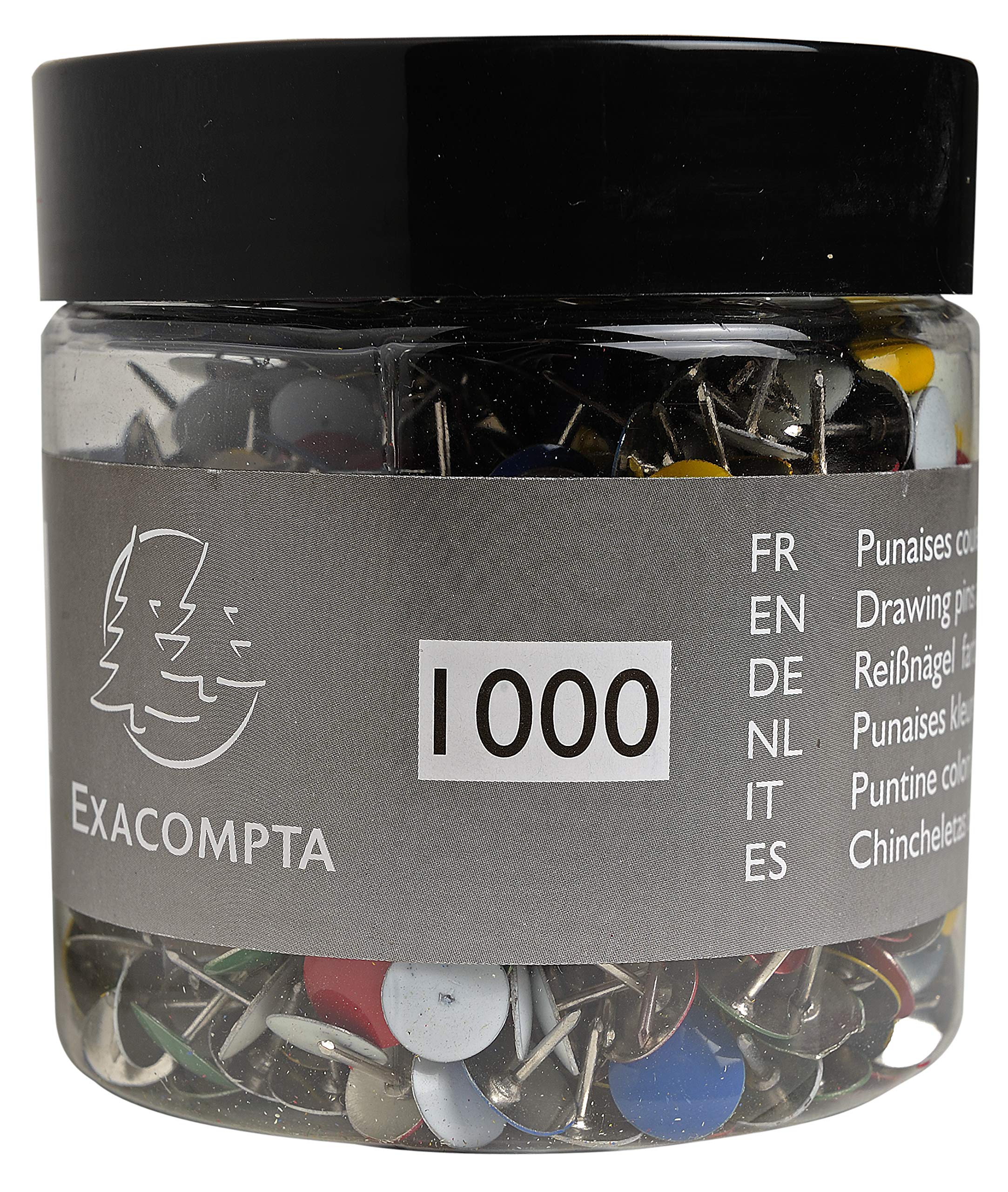 Exacompta - Ref 14767E - Drawing Pins (Pack of 1000) - 9mm Width x 9mm Height in Size - Suitable for Pinboards or Corkboards in Offices, Homes & Businesses - Assorted Colours