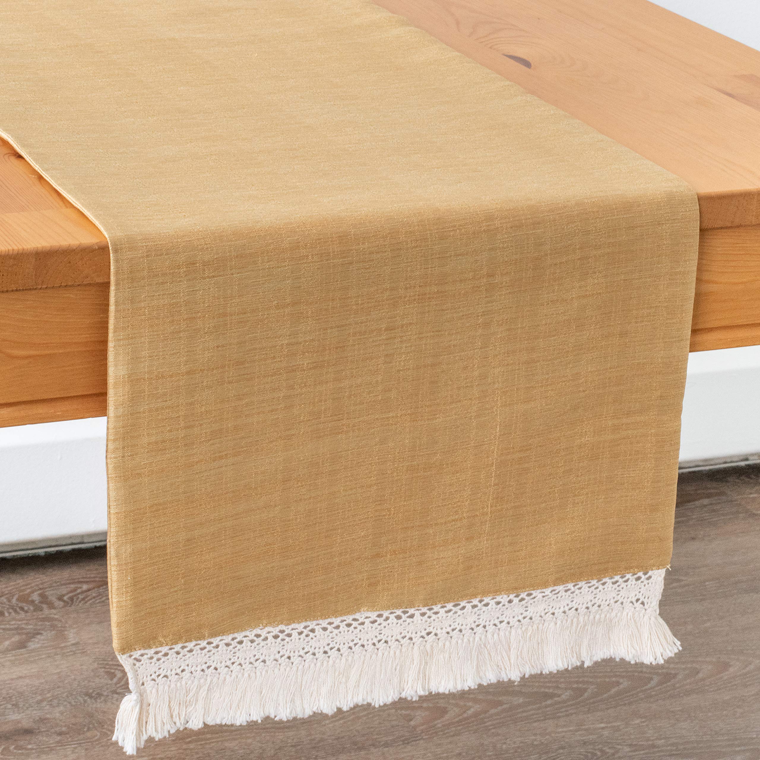 Gold Dining Table Runners With Macrame Lace Boho Decor (13x72 inch, Pack of 1) Fabric Lined | Properly Finished, No Fray Edges | for Home, Kitchen, Dining Room, Holiday, Wedding Party