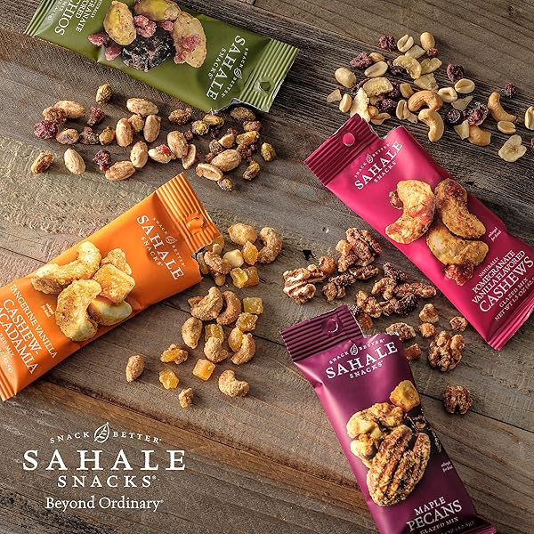 SAHALE SNACKS GOCHUJANG ALMONDS GLAZED MIX, 1.5 OZ BAGS (18 PACKS) – DRY-ROASTED DELUXE MIXED NUTS INSPIRED BY TRADITIONAL KOREAN BBQ – NON-GMO, KOSHER, & CERTIFIED GLUTEN-FREE SNACKS