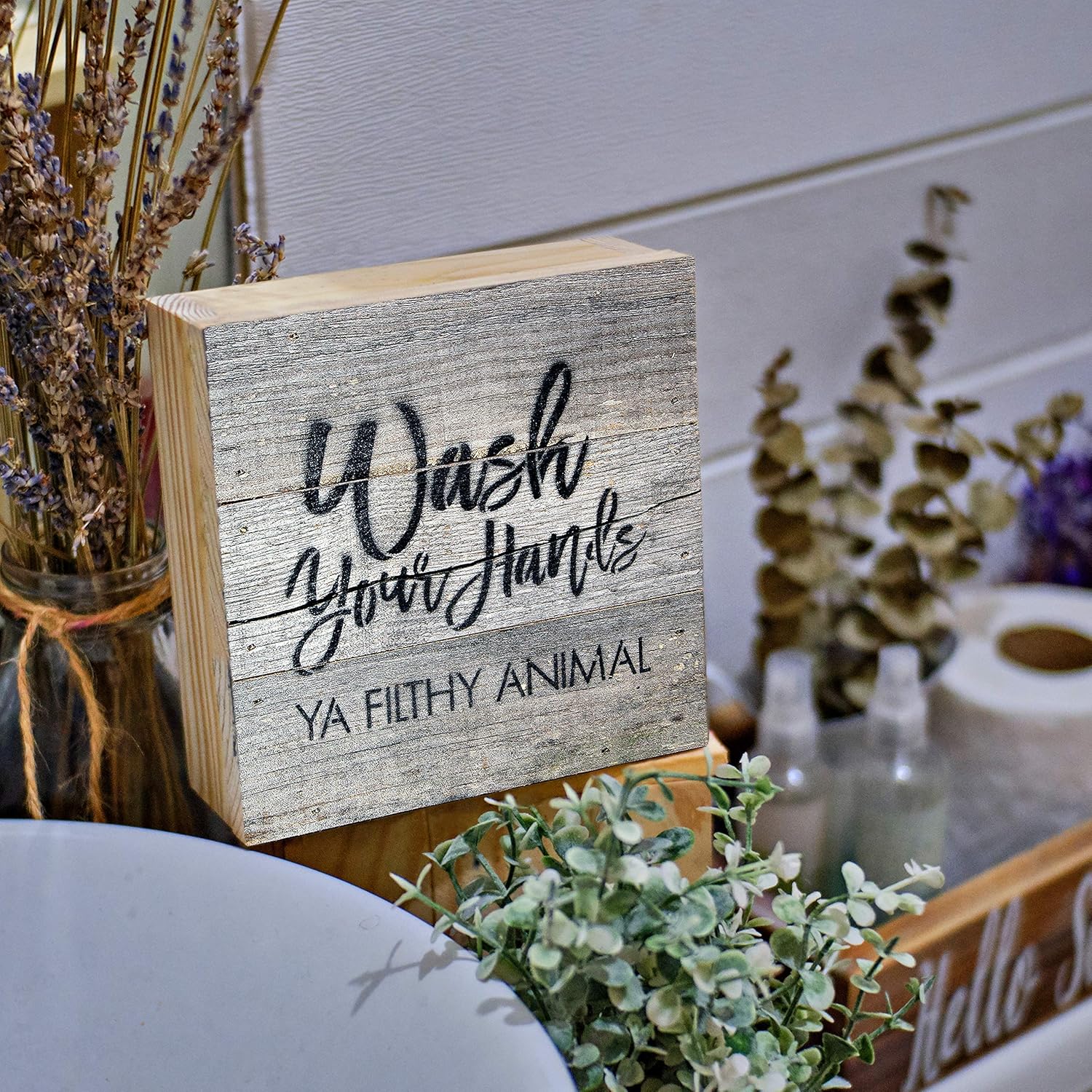 Wash Your Hands Ya Filthy Animal Box Signs for Home Decor, Farmhouse Cute Wooden Signs with Quotes, Funny Knick Knacks Home Decor Shelf Items, Wooden Box Signs with Quotes, Rustic Plaques with Sayings: Home & Kitchen