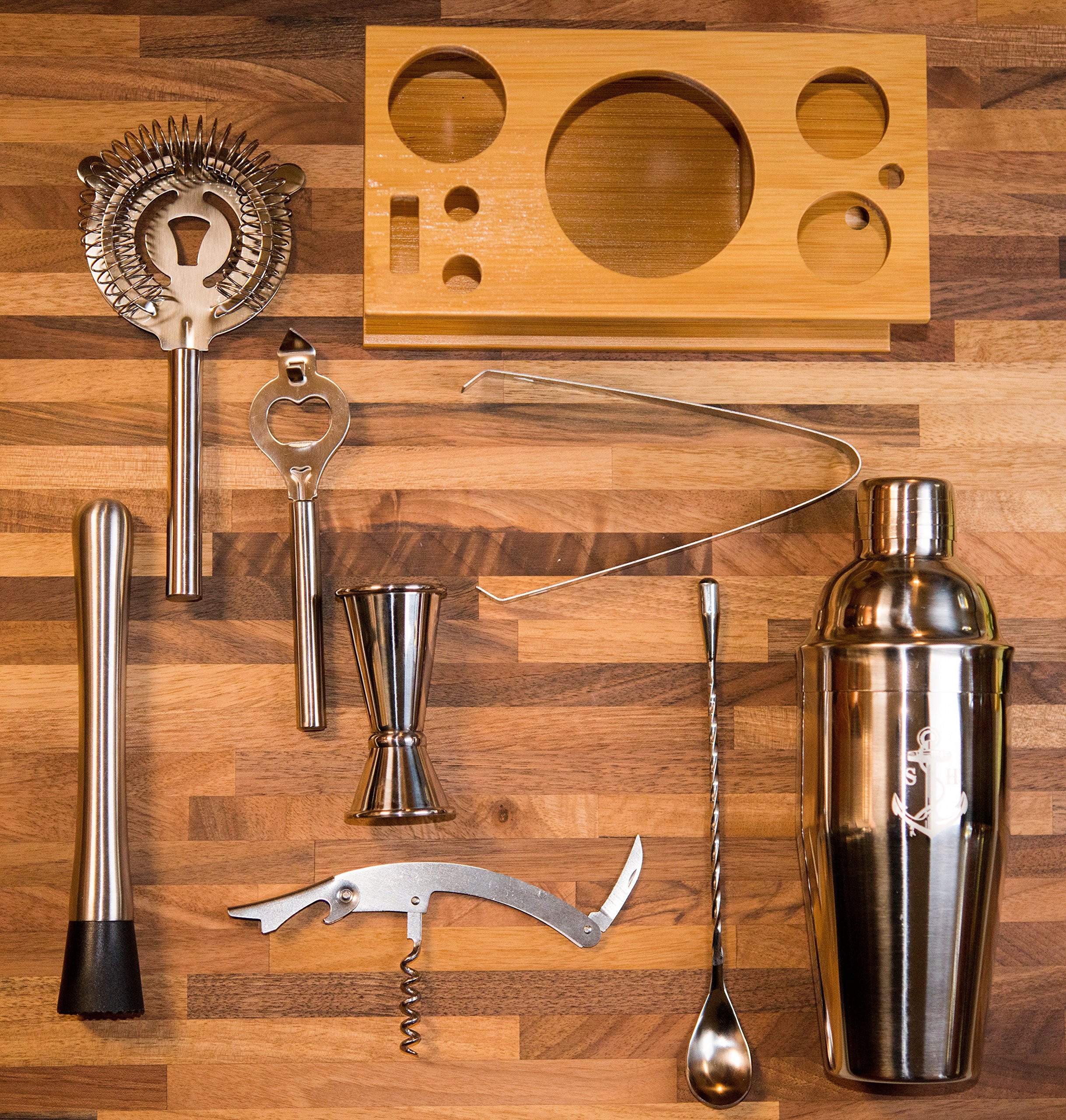 Stock Harbor 9 Piece Stainless Steel Bartender Set with Bamboo Base