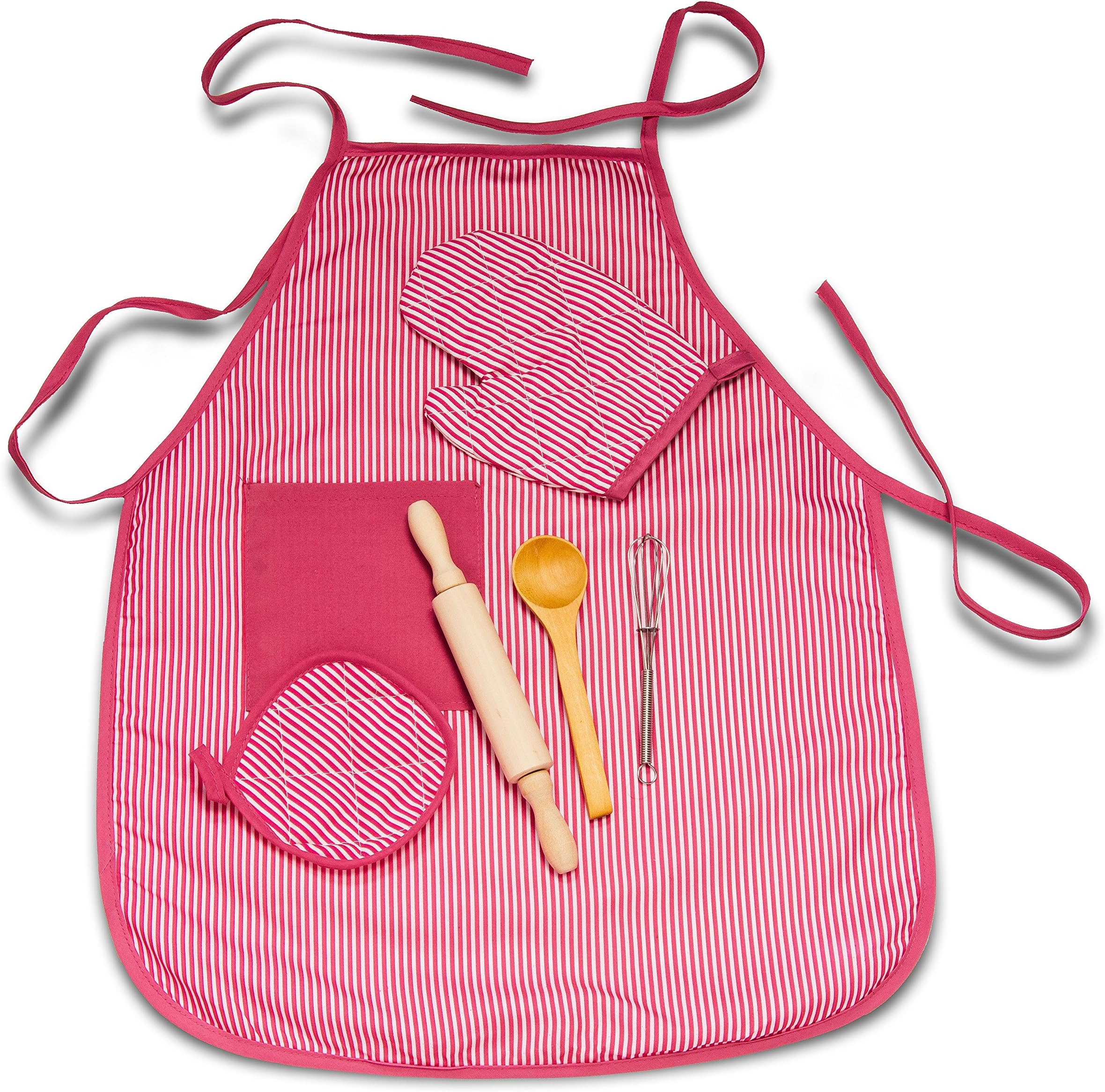 Giggeleez Kids Adorable Mini Chef's Apron Set Pretend Play Includes Apron, Cooking Mitt, Pot Holder, Rolling Pin, Spatula, Whisk, Complete Kids Kitchen Accessories Set 6 pc
