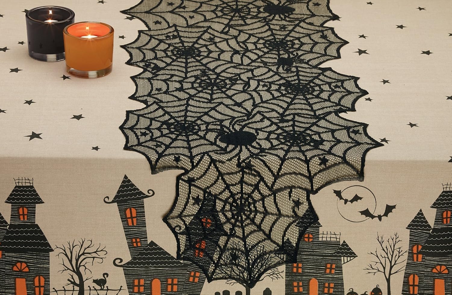 DII 18x72" Polyester Lace Table Runner, Black Spider Web - Perfect for Halloween, Dinner Parties and Scary Movie Nights: Home & Kitchen