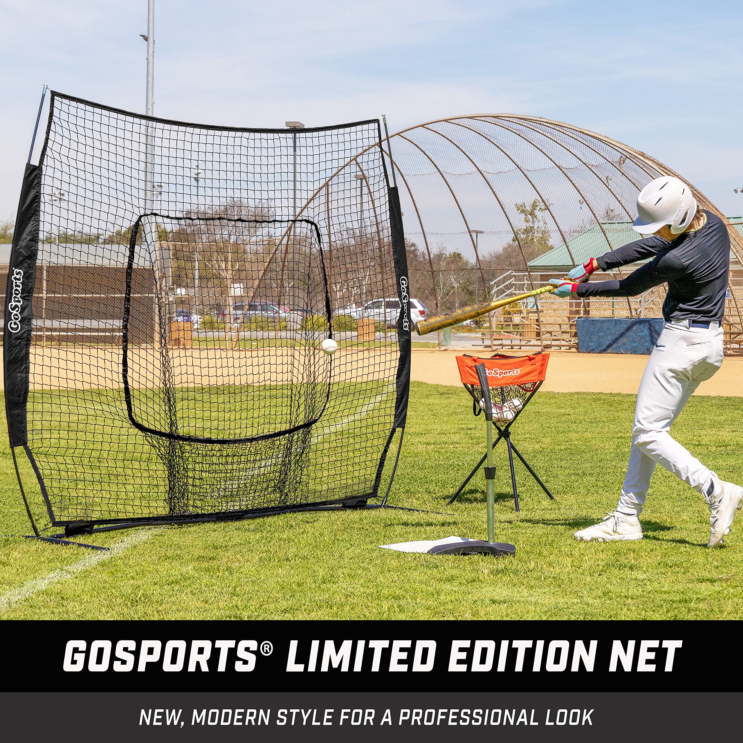GoSports 7 ft x 7 ft Baseball & Softball Nets - Red, Black, or PRO -Practice Hitting & Pitching Net with Bow Type Frame, Carry Bag and Strike Zone, Great for All Skill Levels