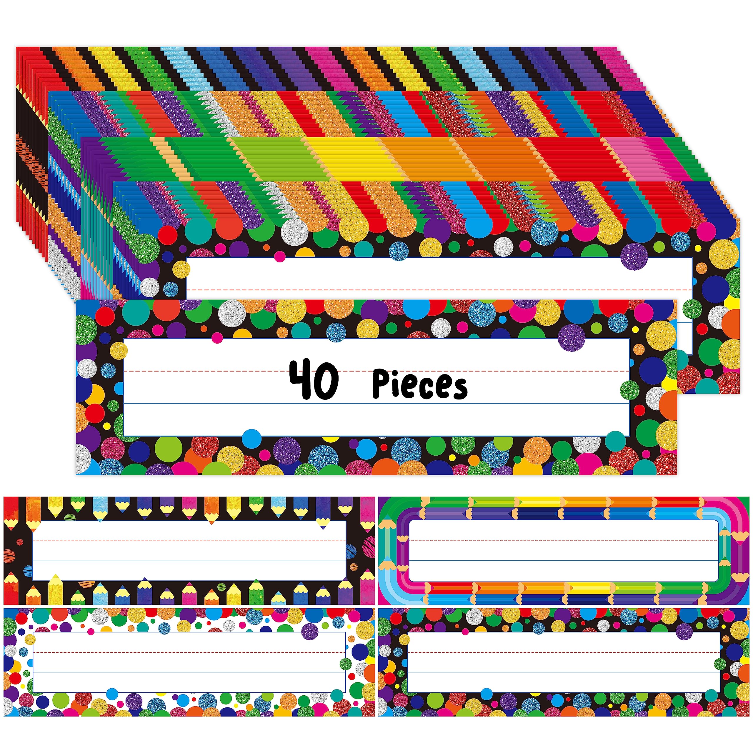 40PCS Desk Nameplates, 4 Designs Double Sided PET Film Desk Name Tags Erasable & Reusable Traditional Manuscript Name Plate Colorful Decoration for Student School Classroom Organization (10” x 2.8”)