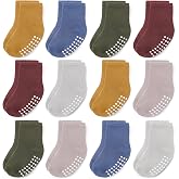 Baby Toddlers Crew Socks with Non-Slip Grip 12 Pack Cotton Stretch Socks | Soft Breathable Cotton, Non-Slip Sole Grips, for Hardwood/Tile Crawling, Walking, Daycare
