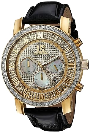 Joshua & Sons Mens JS-28-YGBK Yellow Gold Multifunction Crystal Pave Dial Quartz Watch With Black Leather Strap