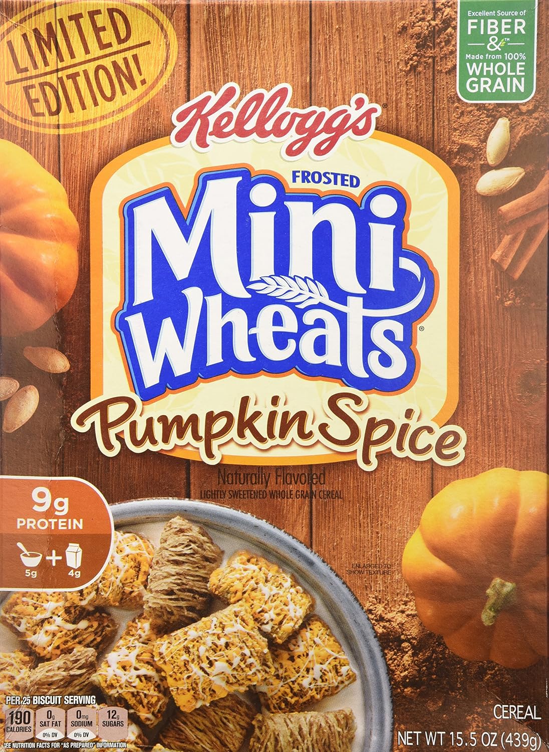 Kellogg's frosted Mini wheats, lightly sweetened whole grain cereal, pumpkin Spice (038000137242)