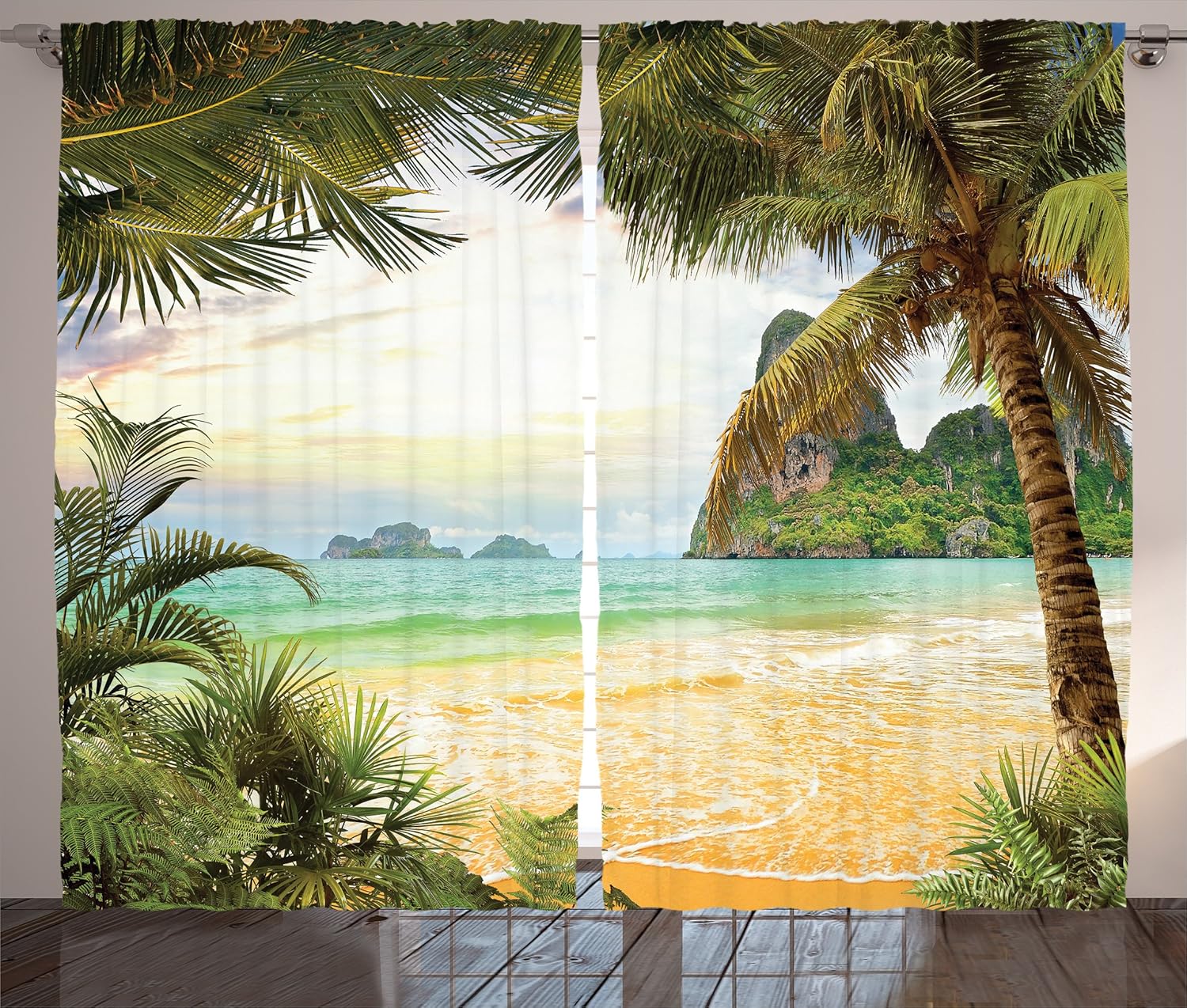 Ambesonne Ocean Decor Curtains, Palm Coconut Trees and Ocean Waves Across Mountains On Paradise Island Beach Image, Living Room Bedroom Decor, 2 Panel Set, 108 W X 84 L inches, Green Cream