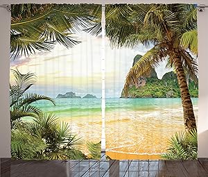 Ambesonne Ocean Decor Curtains, Palm Coconut Trees and Ocean Waves Across Mountains On Paradise Island Beach Image, Living Room Bedroom Decor, 2 Panel Set, 108 W X 84 L inches, Green Cream