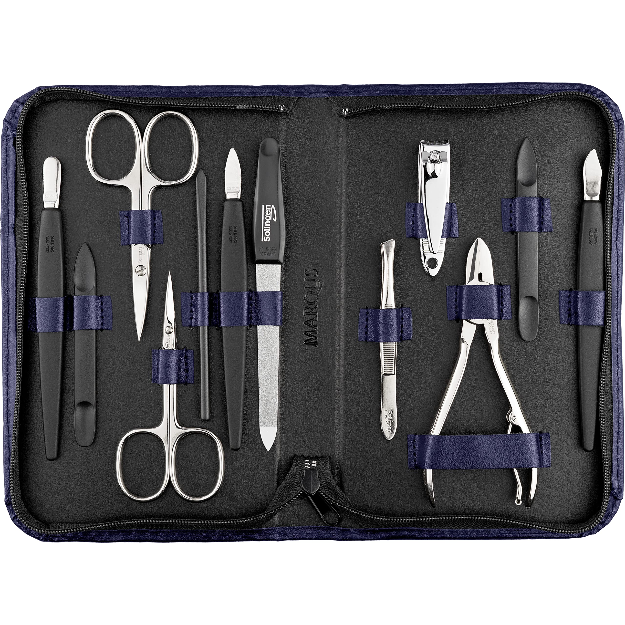 Solingen Manicure Set for Women and Men - 12-Piece Professional Pedicure Kit - Presented in a Genuine Leather Case - Perfect for Travel, as a Gift, or for Home Use, Darkblue