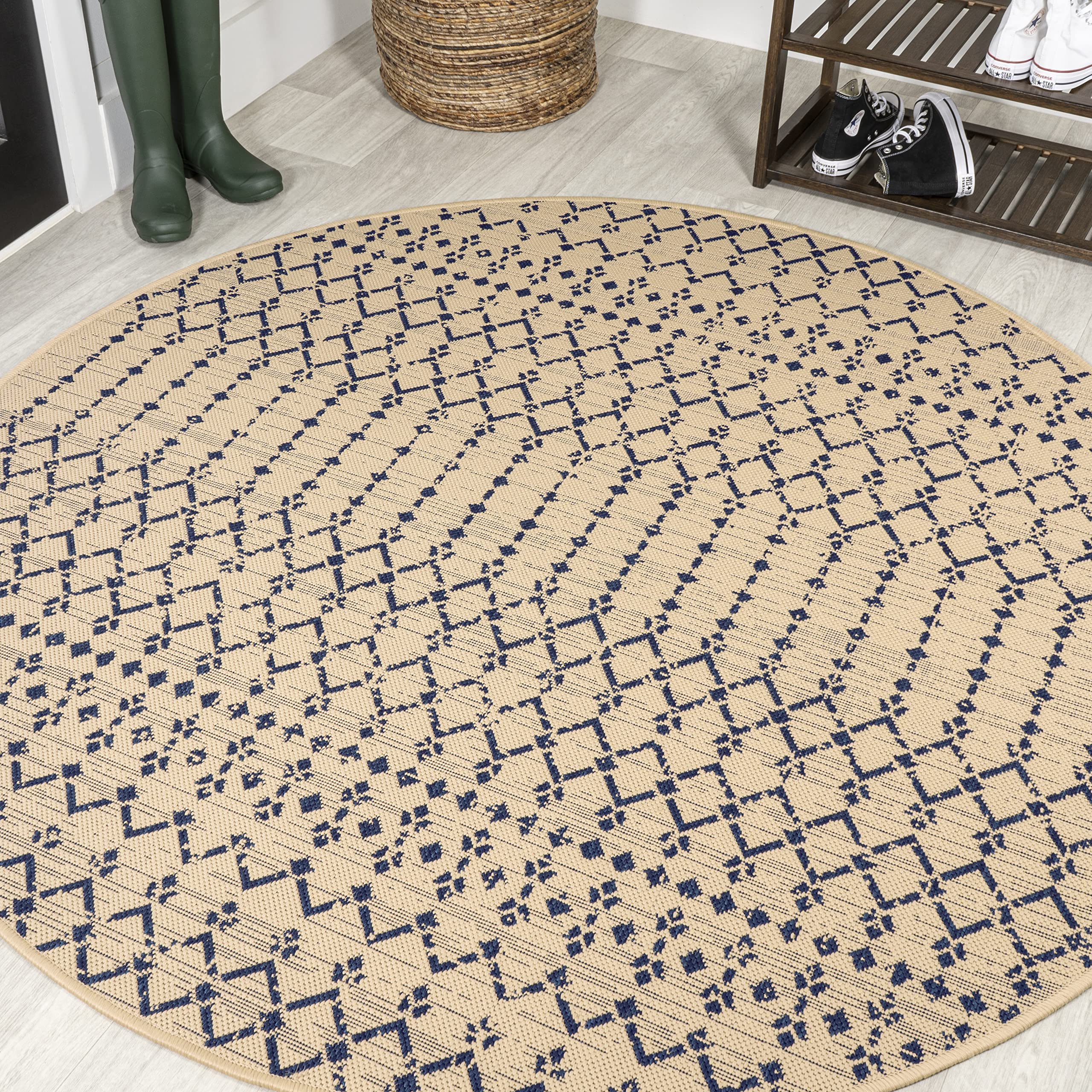 JONATHAN Y Moroccan Geometric Indoor Outdoor Round Area Rug 8 Ft Beige/Navy, Ourika Textured Weave for Backyard, Patio, Porch, Easy-Cleaning, High Traffic, Pet-Friendly, Non-Shedding (SMB108H-8R) Image