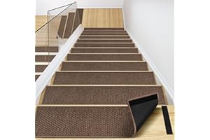 GOYLSER Peel and Stick Self Adhesive Jute Carpet Stair Treads, 15 Pack Rubber Backed Basement Safety Stair Mats, Non Slip Stair Cover Step Pads for Stairs, Light Brown