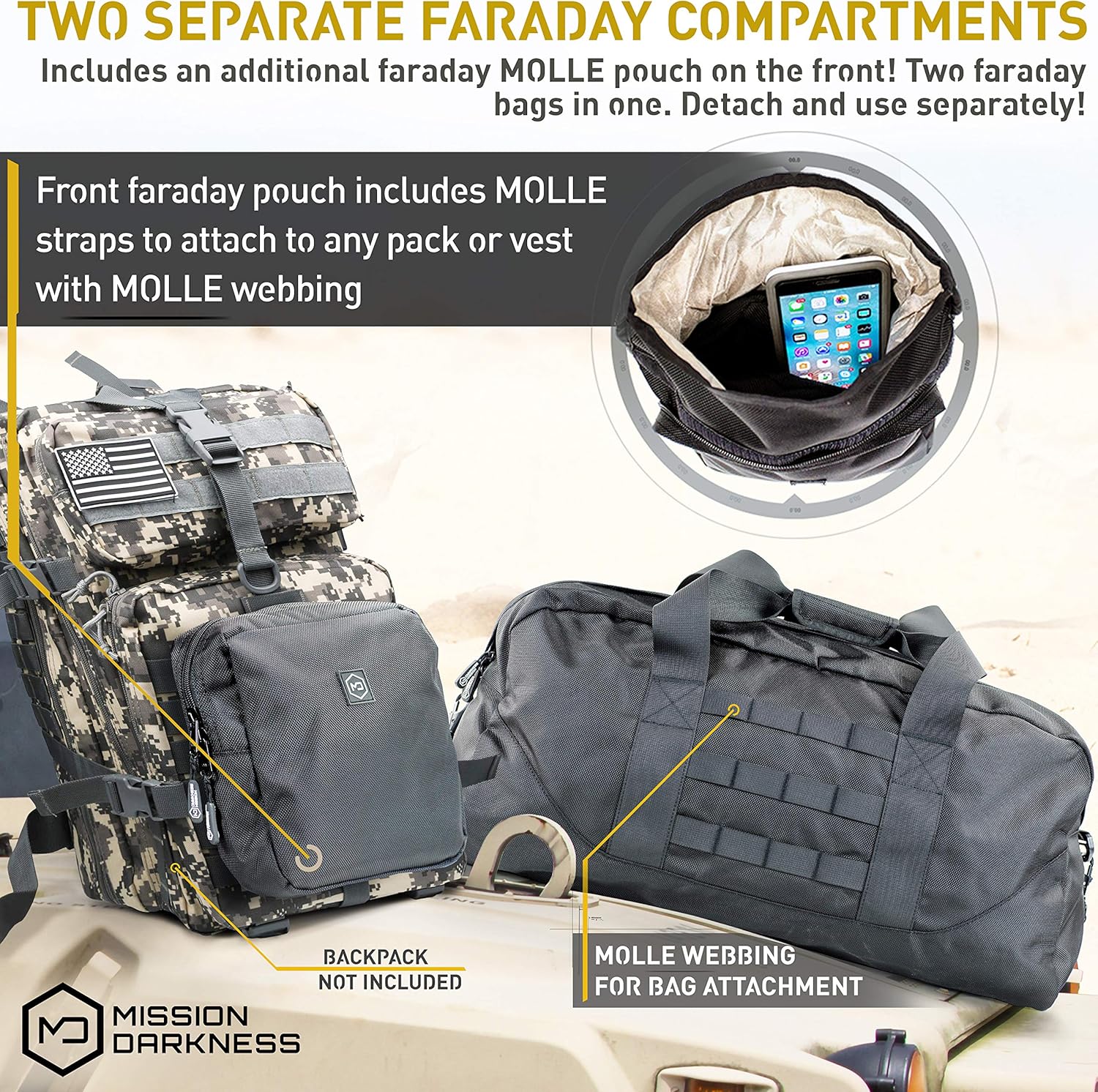  | Mission Darkness X2 Faraday Duffel Bag + Detachable MOLLE Faraday Pouch // RF Shielding for Large Electronics & Mobile Devices // Used for Law Enforcement & Military Forensics + Data Privacy | Travel Duffels