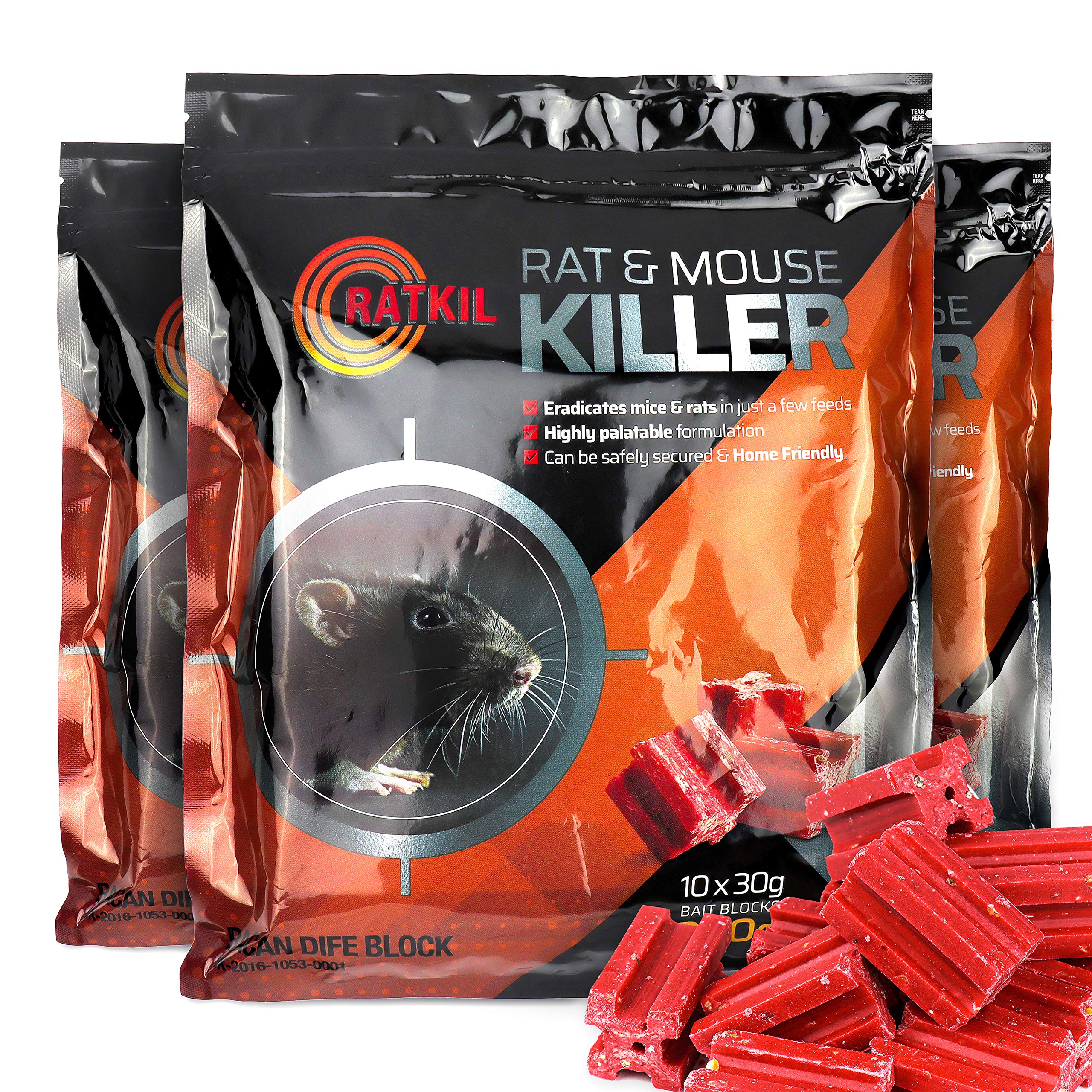 RatKil Rat & Mouse Killer Poison Bait Blocks For Rodent Control - 900g (3 x 300g) | Professional Strength Difenacoum