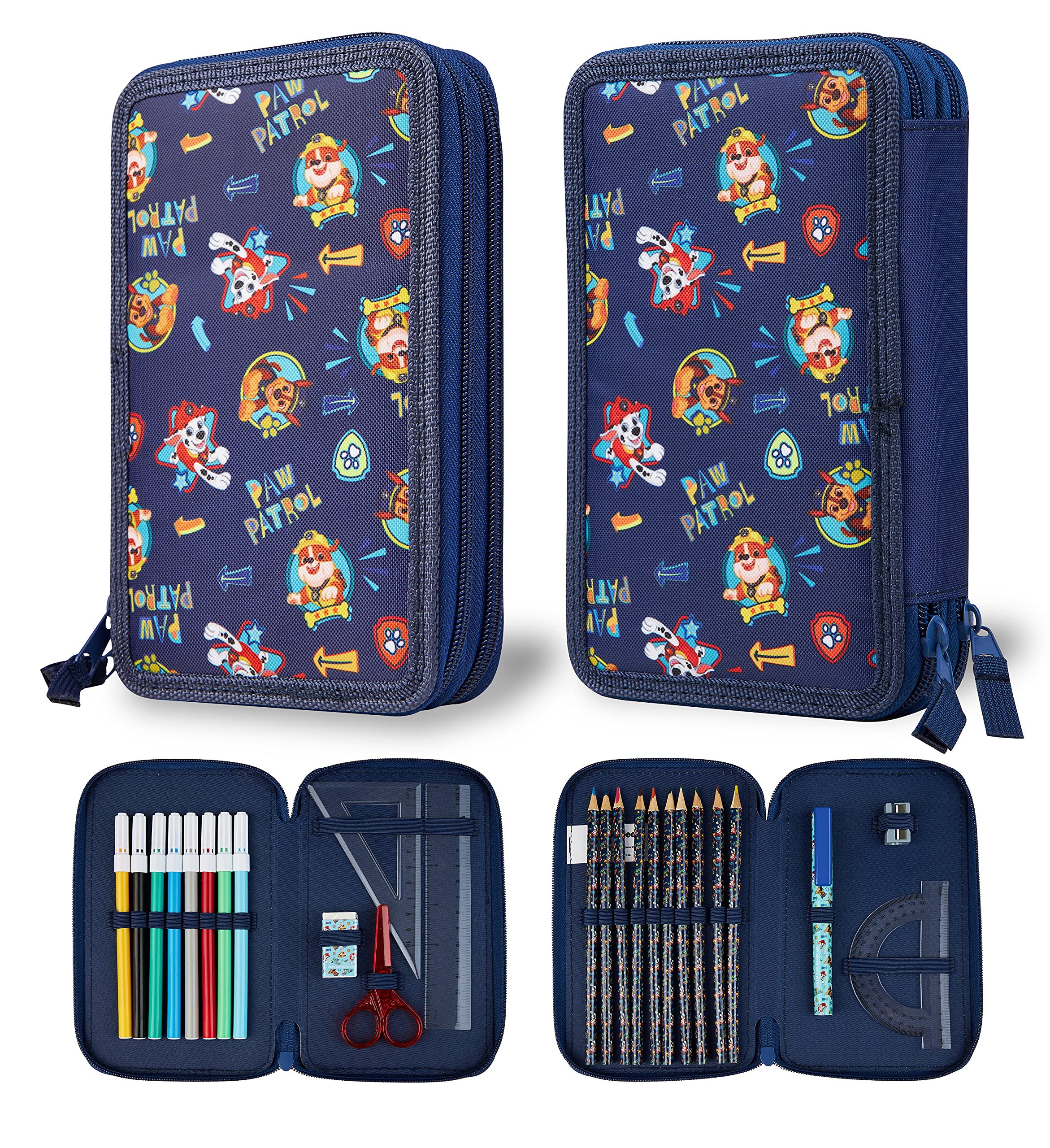 Paw Patrol Pencil Case with Stationery Set Marshall Chase Rubble Filled Pencil Case Multiple Zipped Compartments School Stationery Set Gifts for Kids (Navy Double Zip)