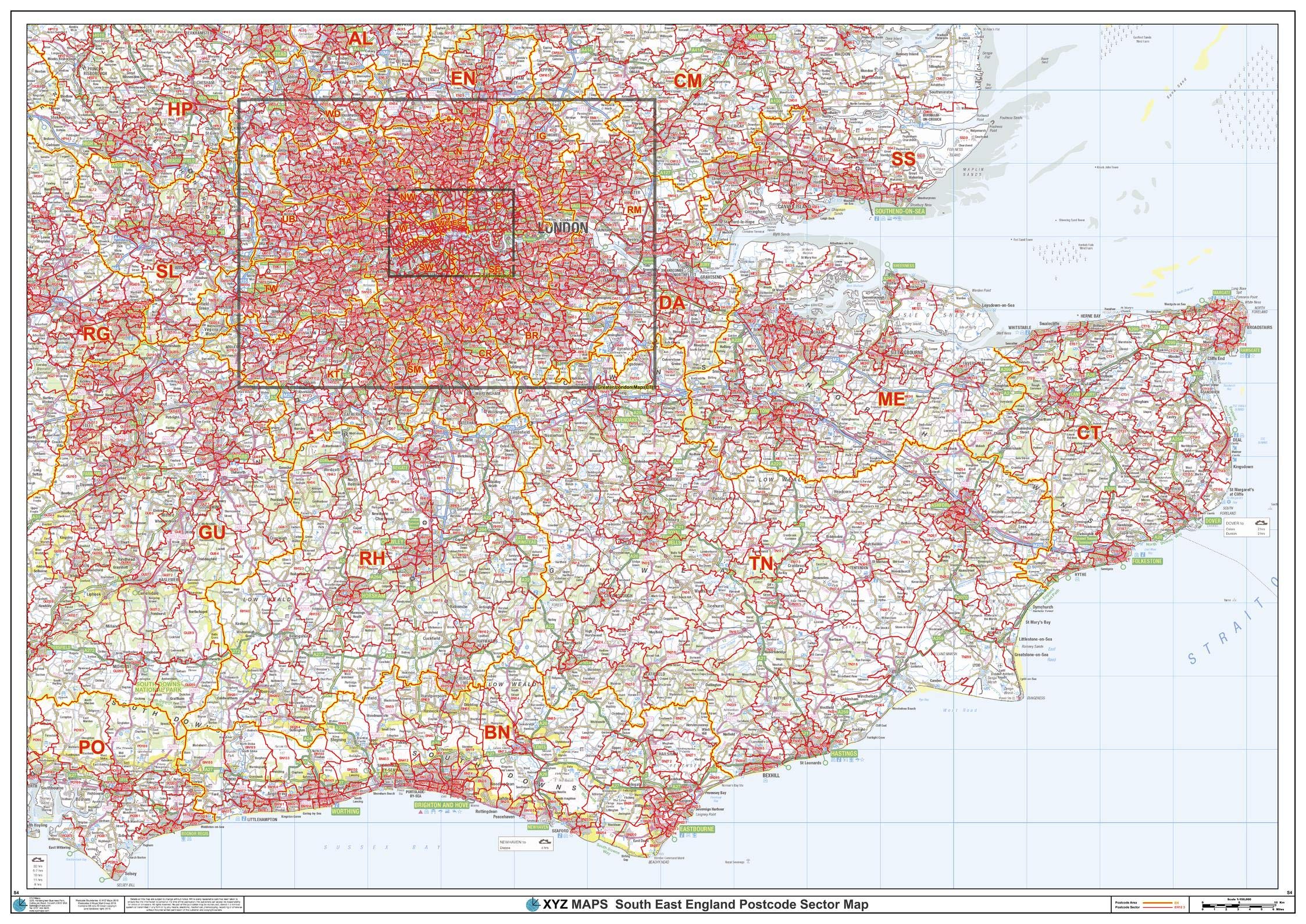 South East England Postcode Sector Wall Map (S4) - 47" x 33.25" Laminated