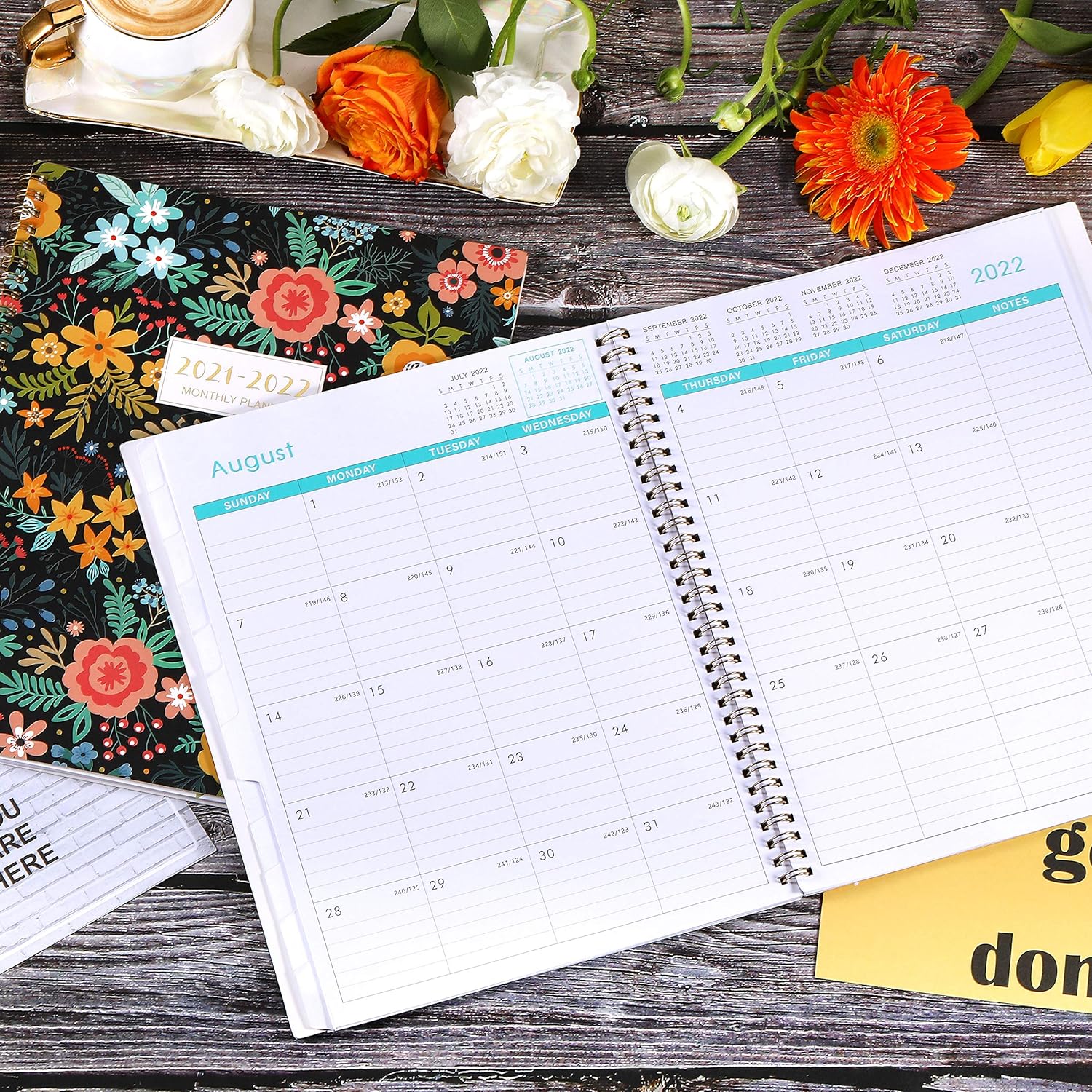 2021-2022 Monthly Planner - 18-Month Planner with Tabs & Pocket, Contacts and Passwords, 8.5" x 11", Thick Paper, Jul. 2021 - Dec. 2022, Twin-Wire Binding - Black Floral : Office Products